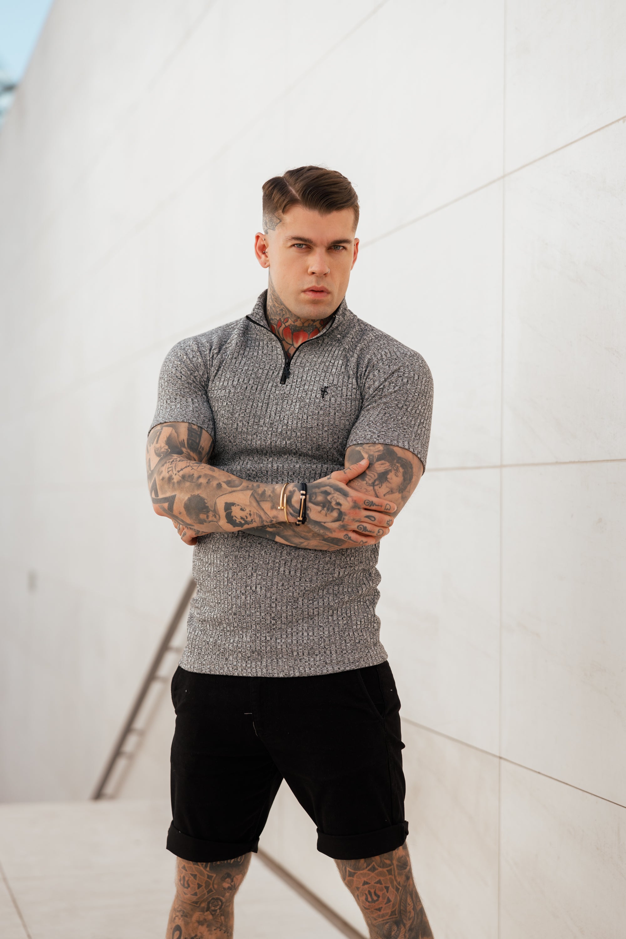 Classic Grey Ribbed Zip Funnel Neck Raglan Short Sleeve Crew - FSH730