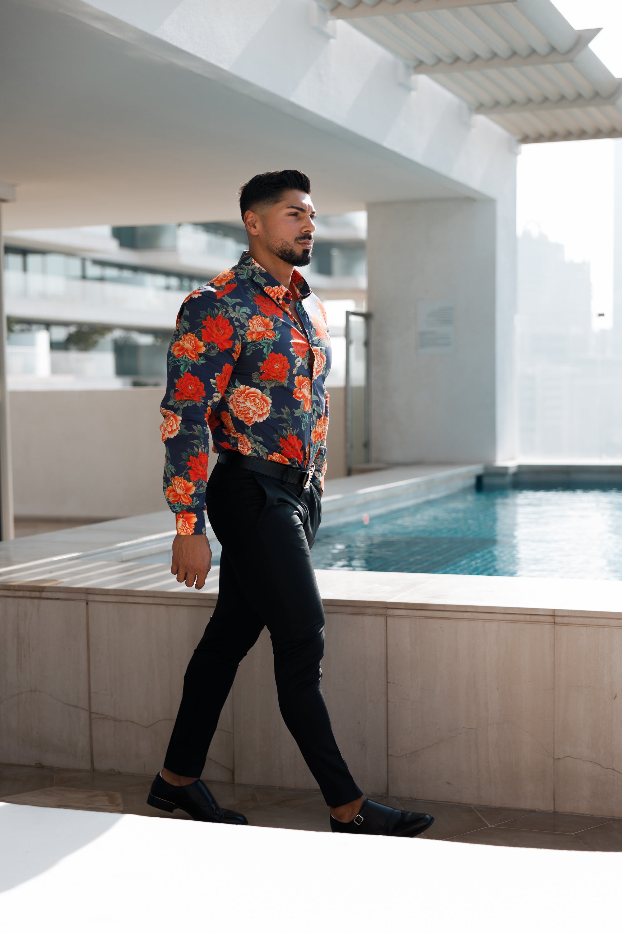 Super Slim Stretch Navy and Red Floral Print Long Sleeve with Button Down Collar - FS840