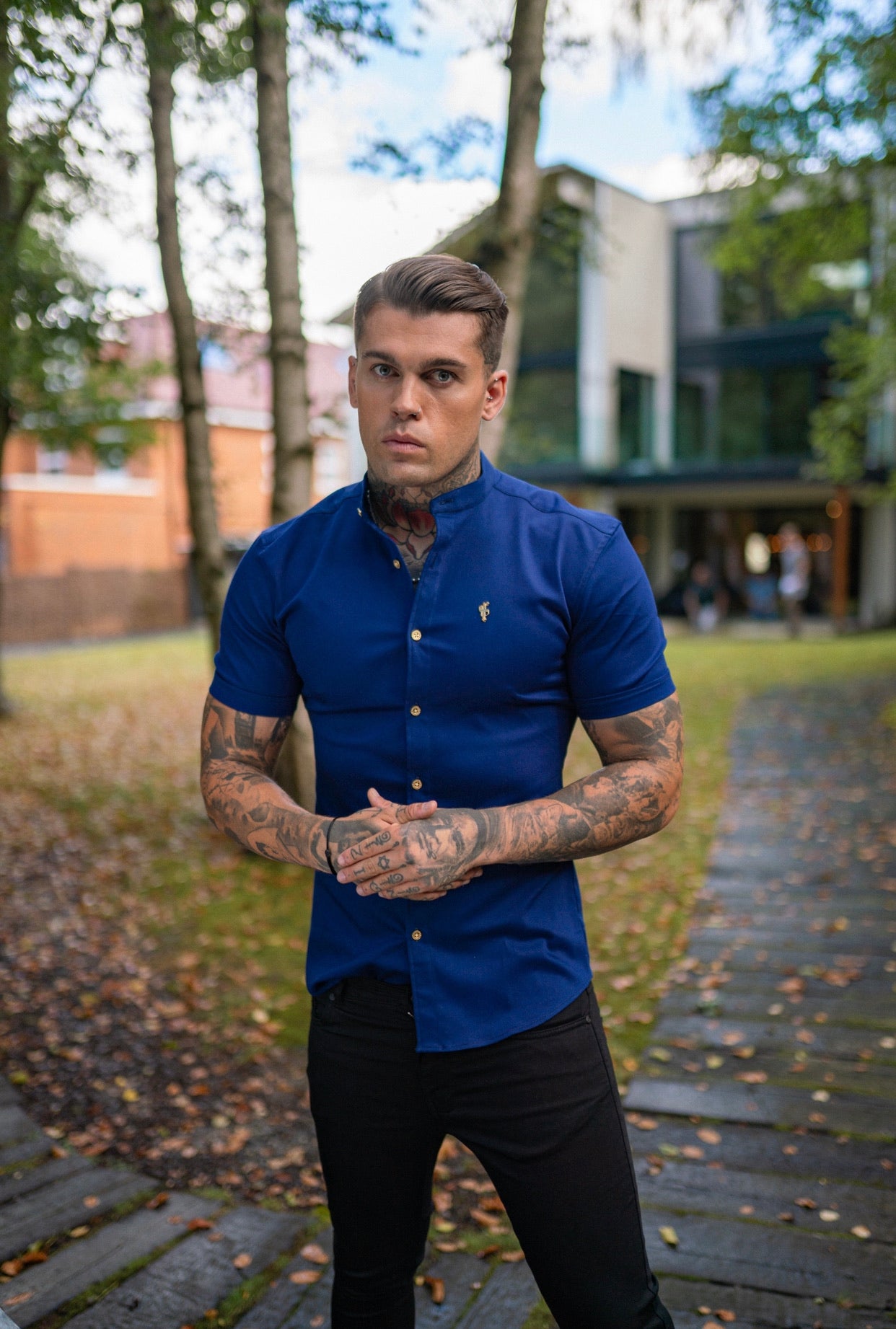 Super Slim Stretch Navy Denim Short Sleeve Grandad collar with Metal Buttons and Decal Emblem - FS714