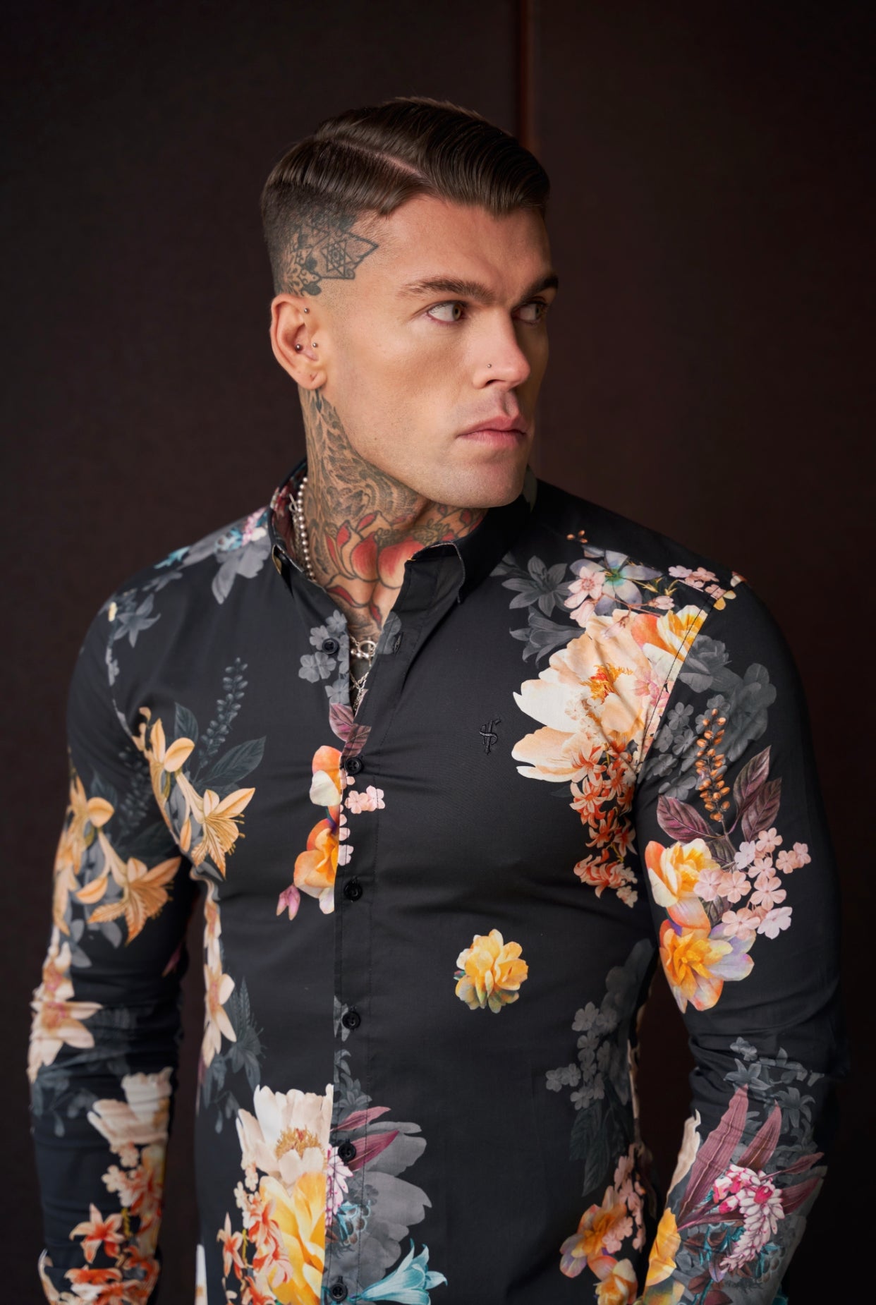 Super Slim Stretch Black Mixed Lily Floral Print Long Sleeve with Button Down Collar - FS854
