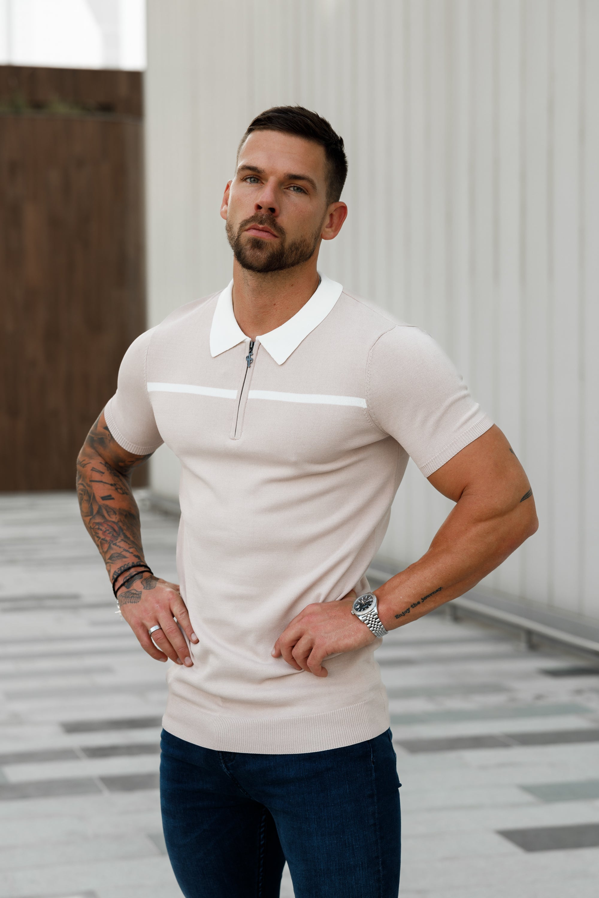Classic Beige / White Horizontal Stripe Zipped Polo Short Sleeve - FSN041