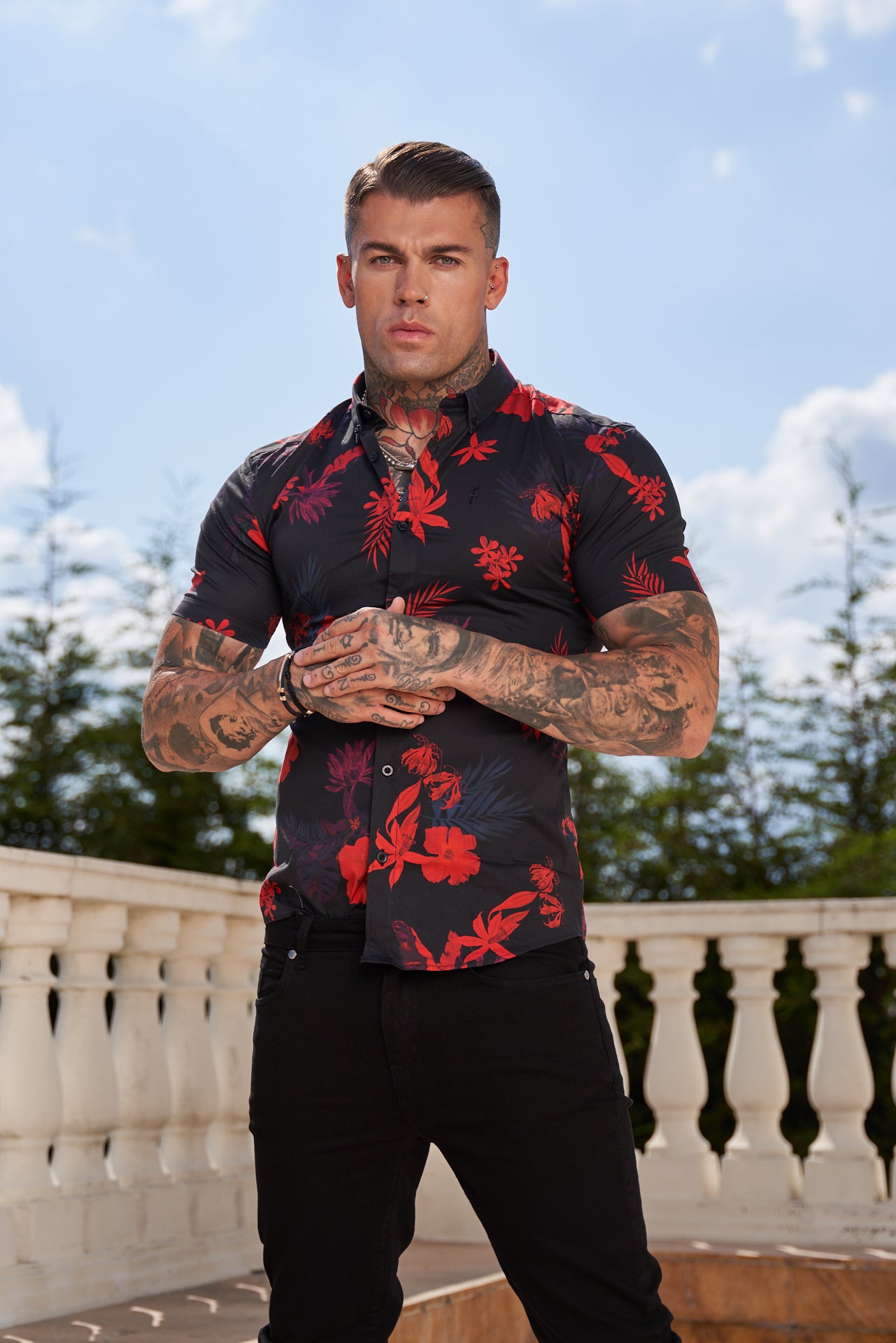 Super Slim Stretch Black and Red Floral Print Short Sleeve with Button Down Collar - FS767