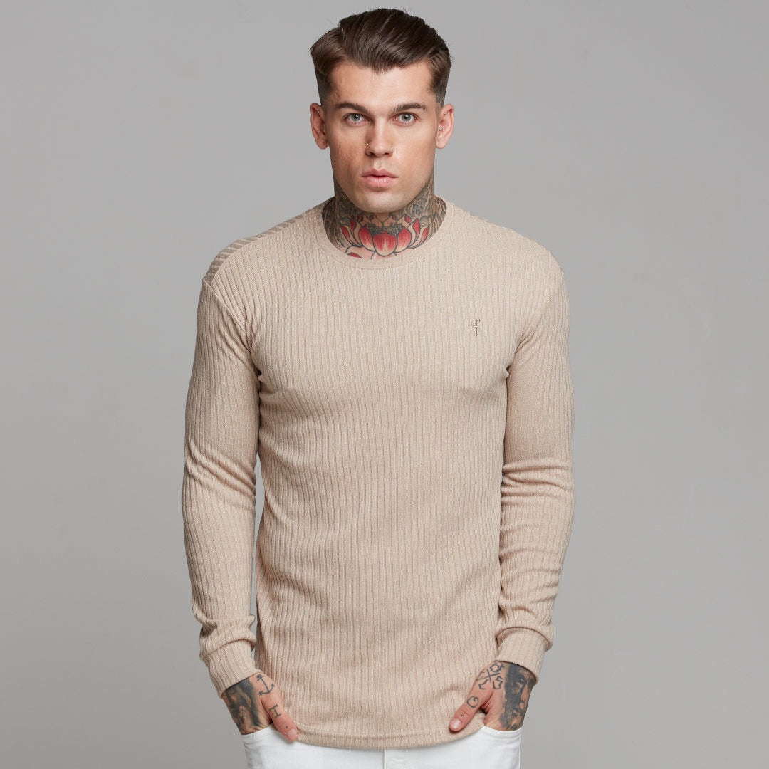 Classic Beige Long Sleeve Ribbed Knit Super Slim Crew - FSH293