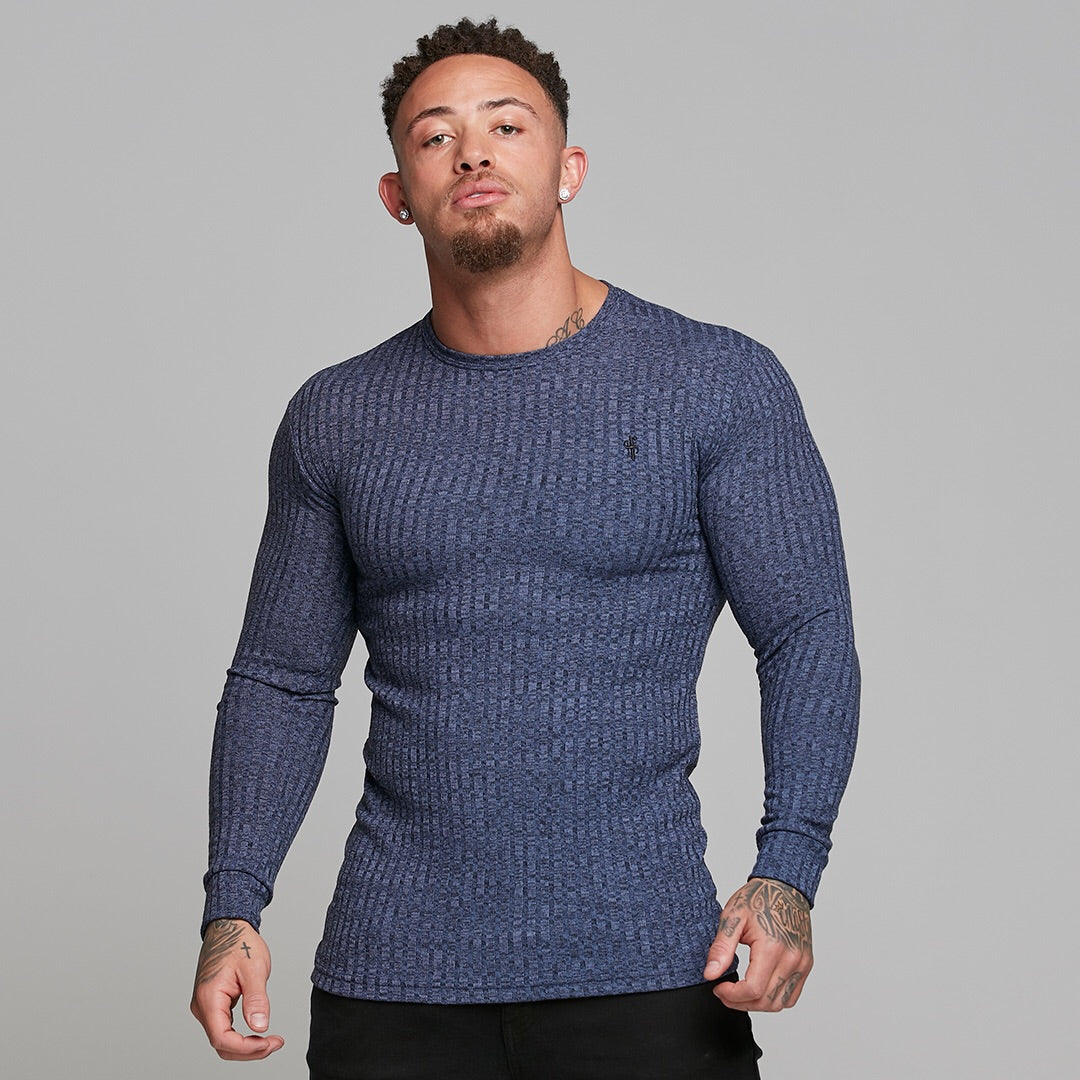 Classic Navy Ribbed Knit Super Slim Crew - FSH114