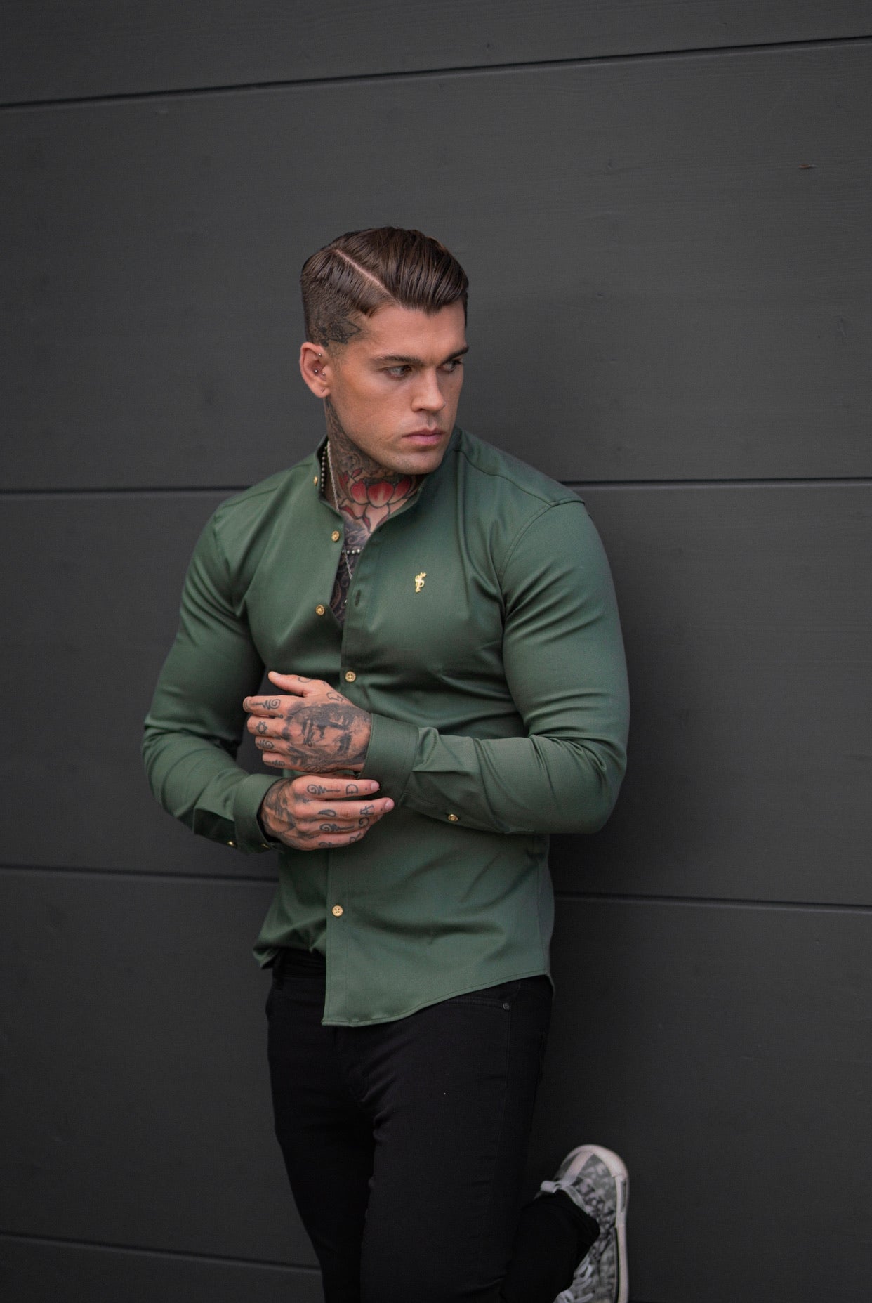 Super Slim Stretch Khaki Denim Long Sleeve Grandad collar with Metal Buttons and Decal Emblem - FS715