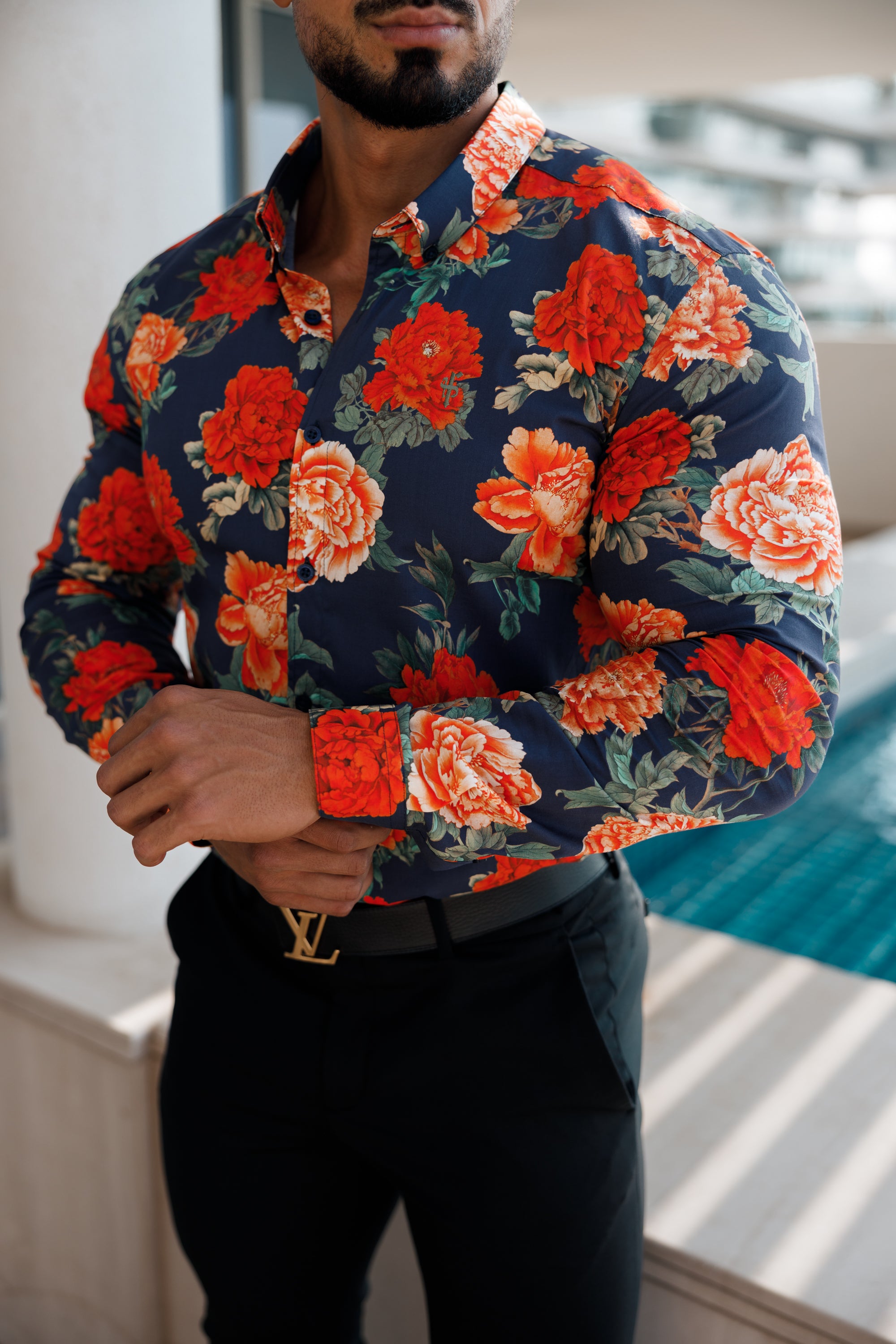 Super Slim Stretch Navy and Red Floral Print Long Sleeve with Button Down Collar - FS840