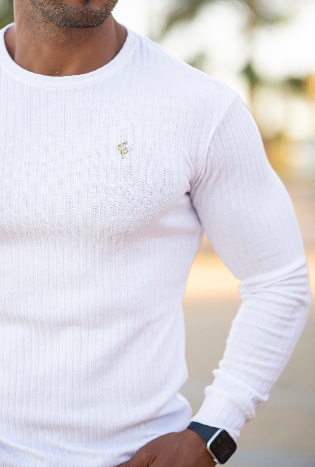 Super Slim White / Gold Ribbed Knit Super Slim Crew - FSH499