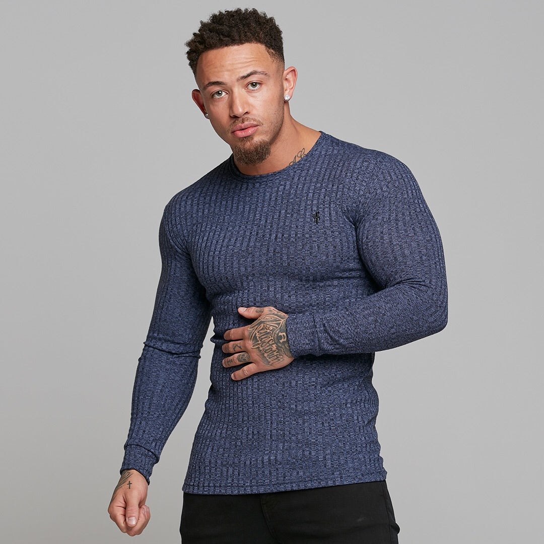 Classic Navy Ribbed Knit Super Slim Crew - FSH114