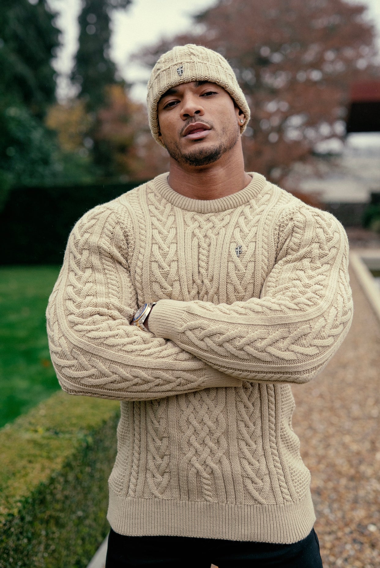 Oatmeal Twisted Braid Weave Super Slim Jumper With Gunmetal Decal - FSJ044