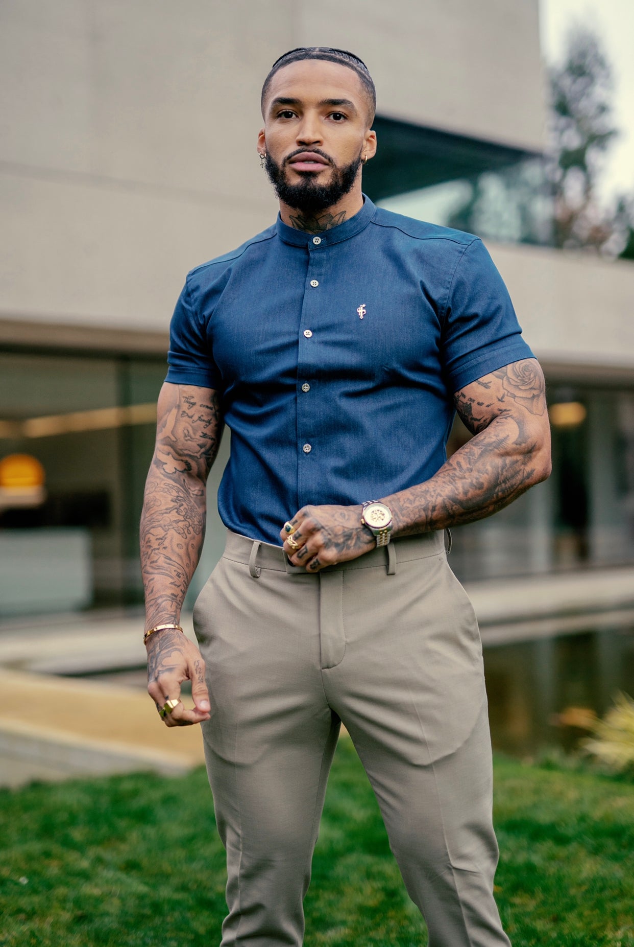 Super Slim Stretch Aegean Blue Denim Short Sleeve Grandad Collar with Metal Buttons and Decal Emblem - FS776