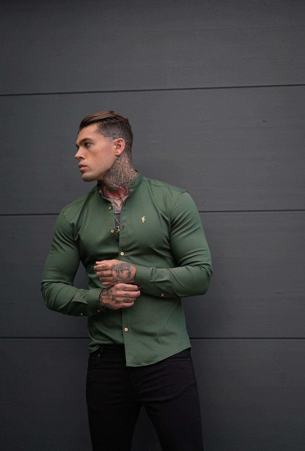 Super Slim Stretch Khaki Denim Long Sleeve Grandad collar with Metal Buttons and Decal Emblem - FS715