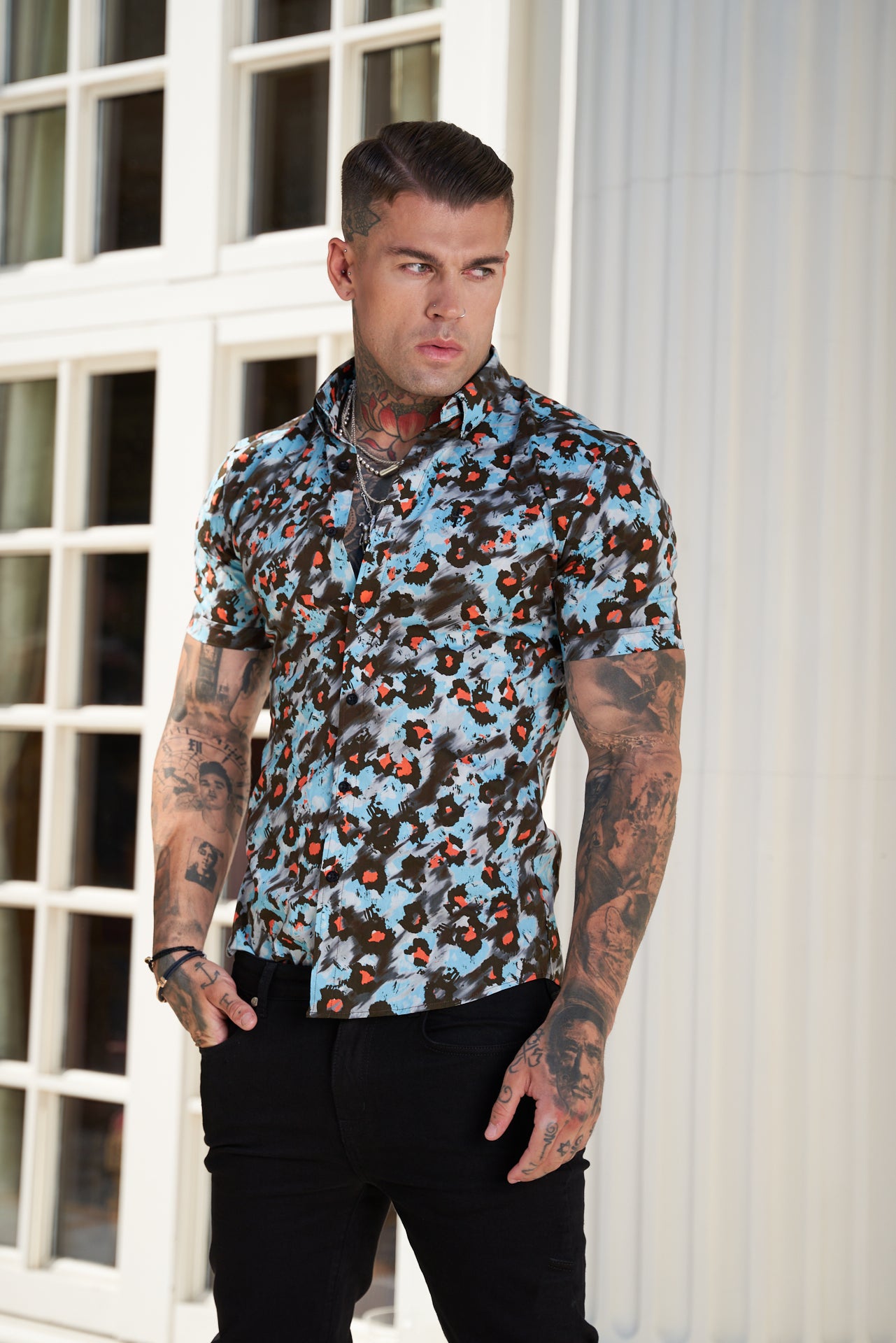 Super Slim Stretch Multi Colour Abstract Leopard Print Short Sleeve with Button Down Collar - FS790