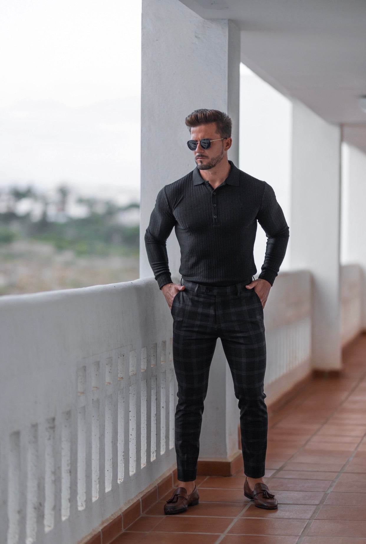 Super Slim Black Ribbed Polo Shirt Long Sleeve - FSH582