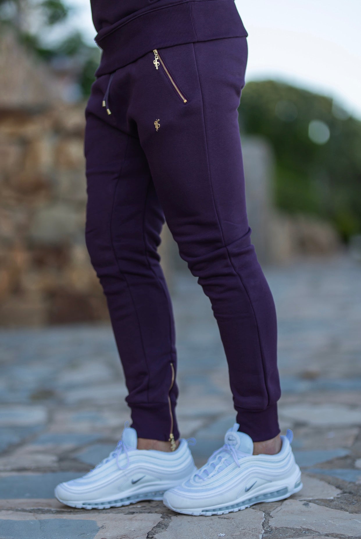 Plum / Purple & Gold Overhead Hoodie Top with Zipped Pockets - FSH485