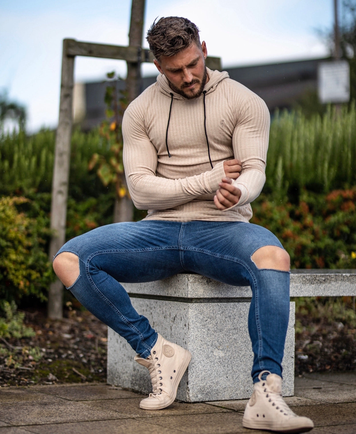 Slim Stretch Denim Blue Distressed Ripped Jeans - FSH403