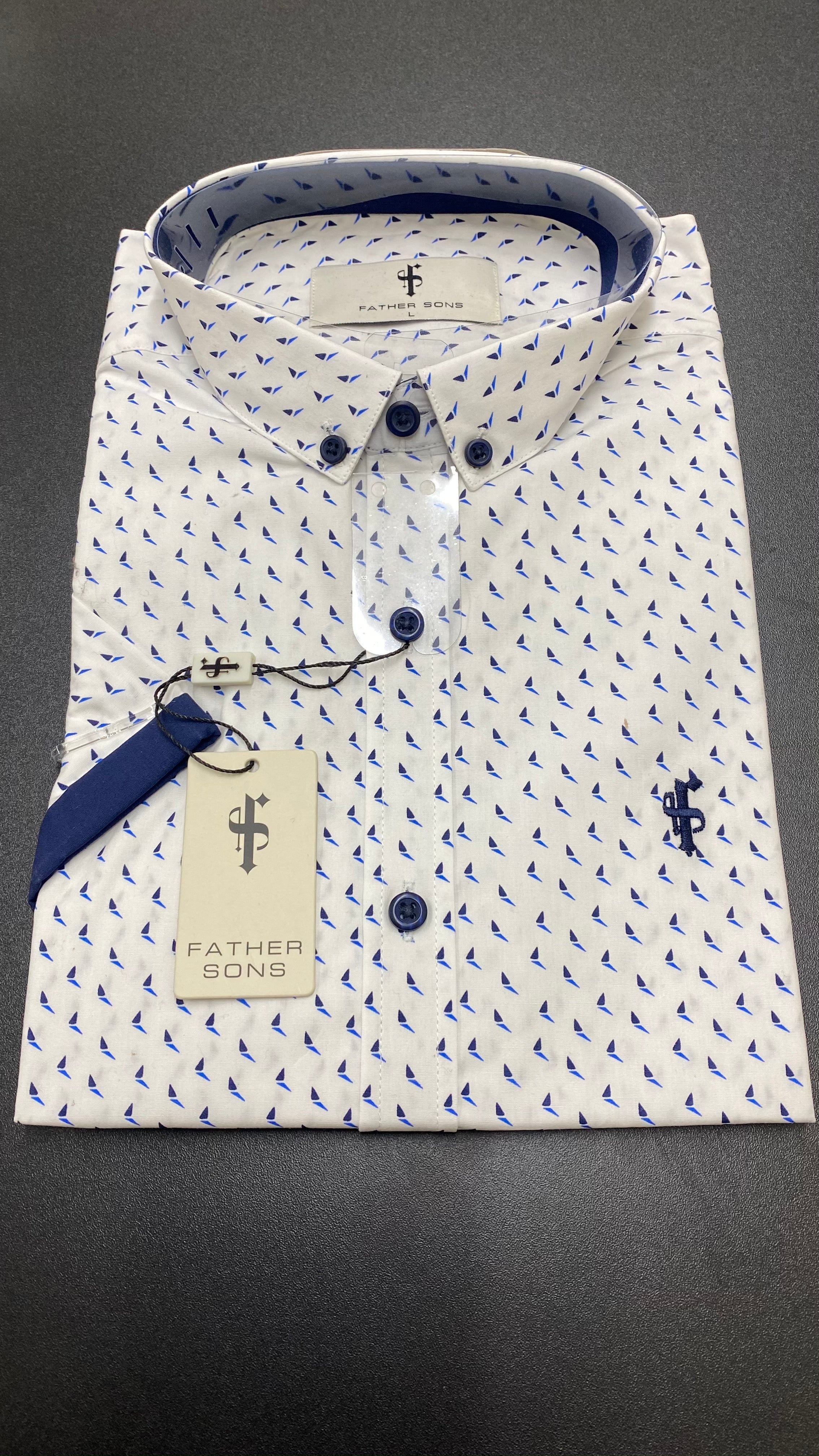 White with Blue / Navy Print With Navy Contrast Sleeve- FSX121 (LAST CHANCE)