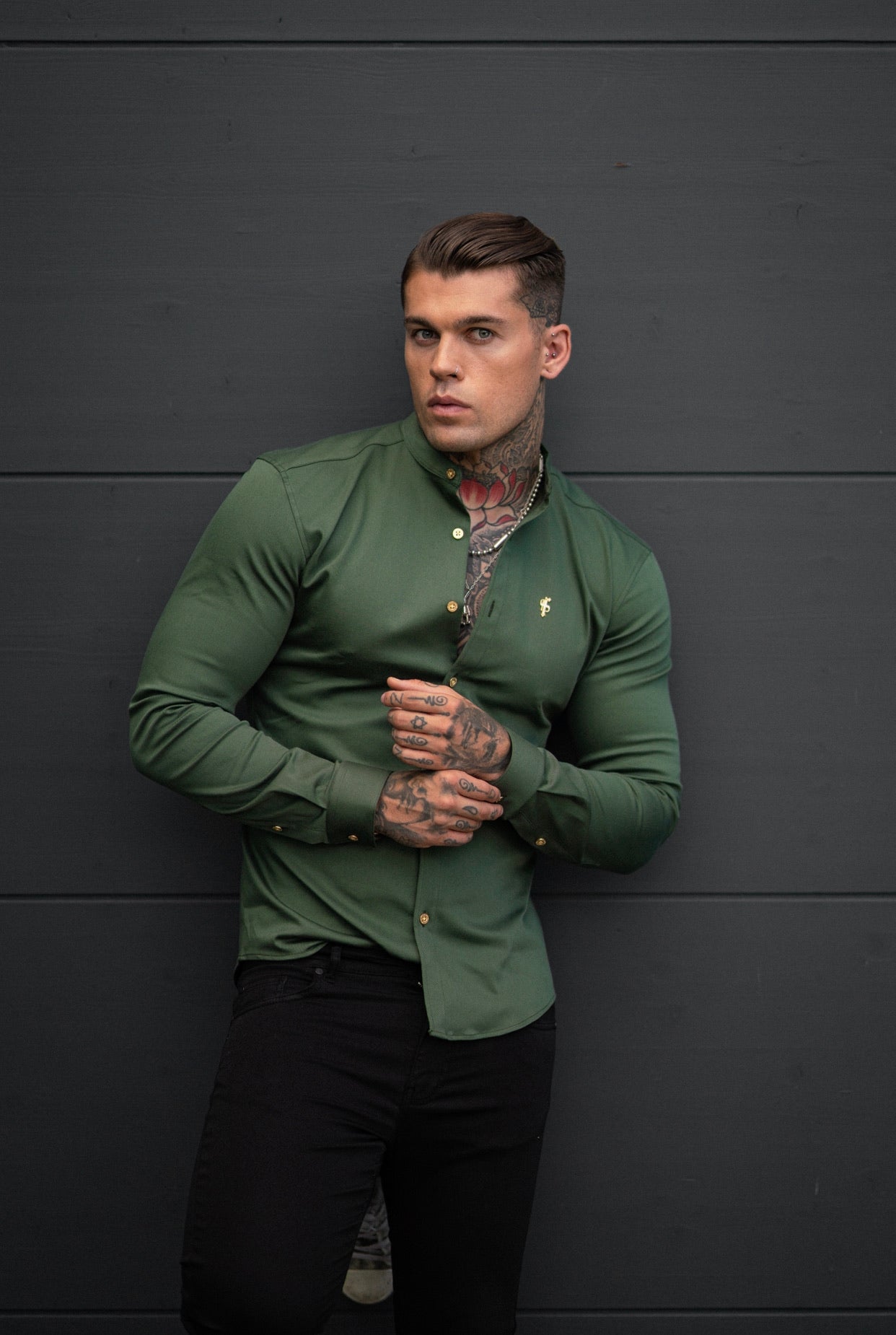 Super Slim Stretch Khaki Denim Long Sleeve Grandad collar with Metal Buttons and Decal Emblem - FS715