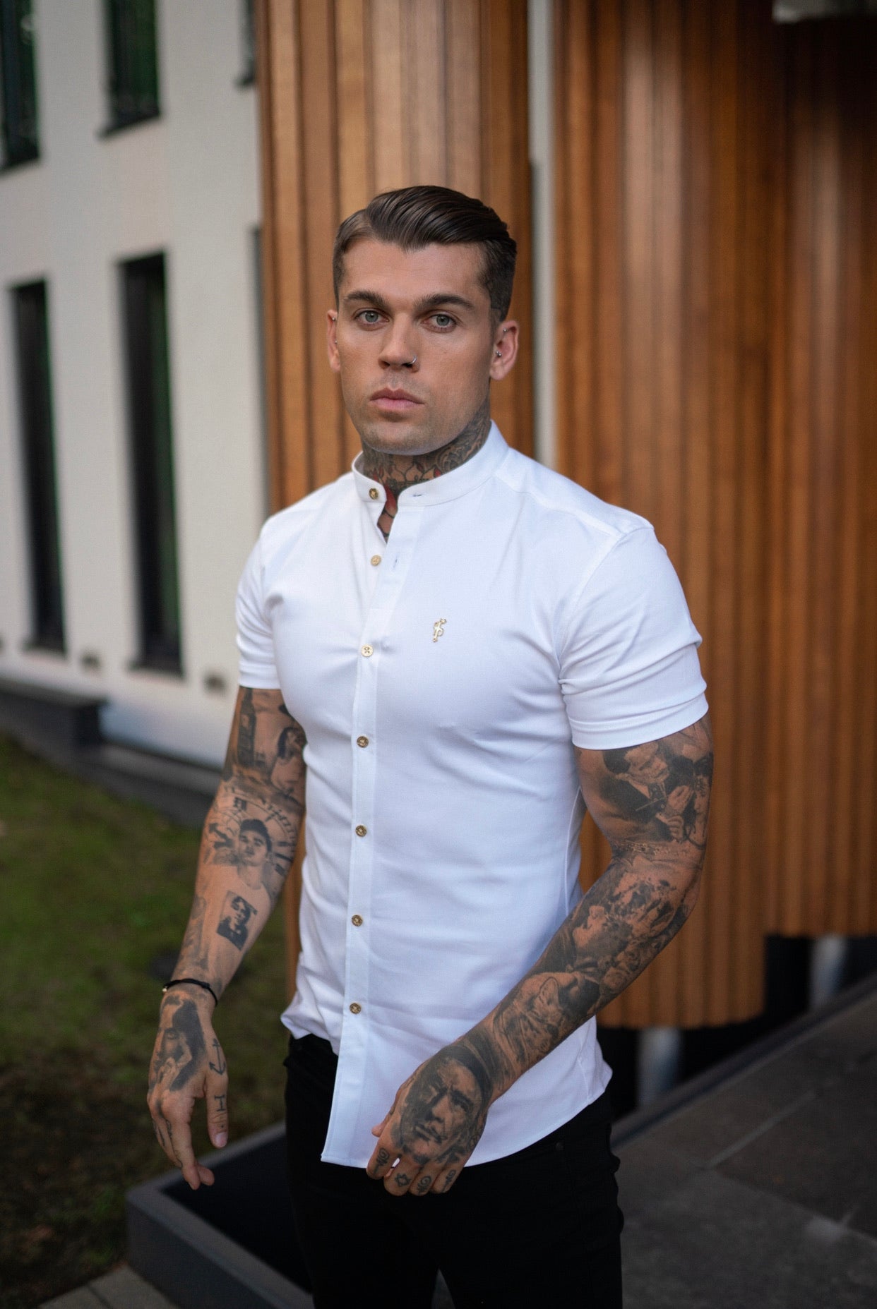 Super Slim Stretch White Denim Short Sleeve Grandad collar with Metal Buttons and Decal Emblem - FS720