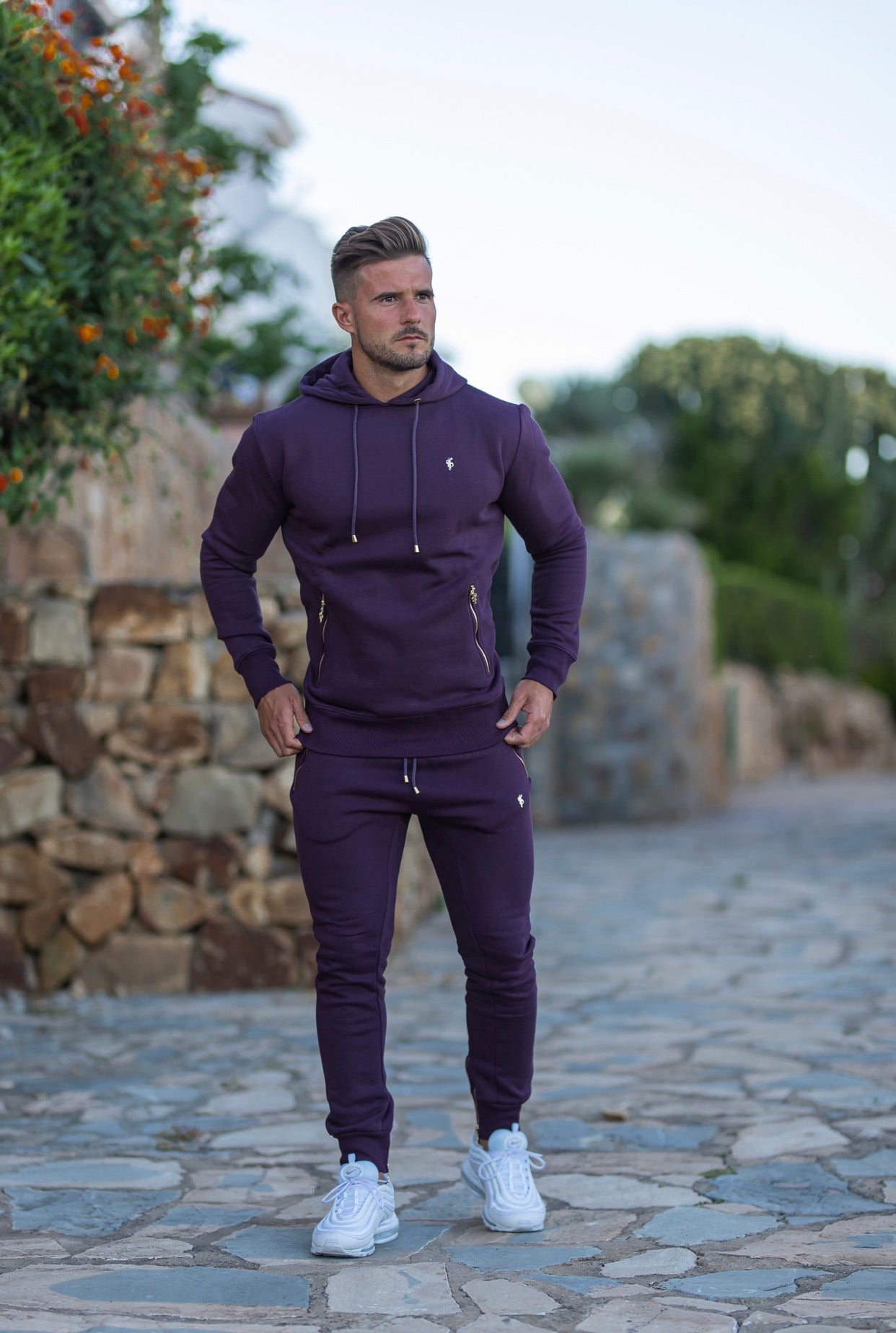 Plum / Purple & Gold Overhead Hoodie Top with Zipped Pockets - FSH485