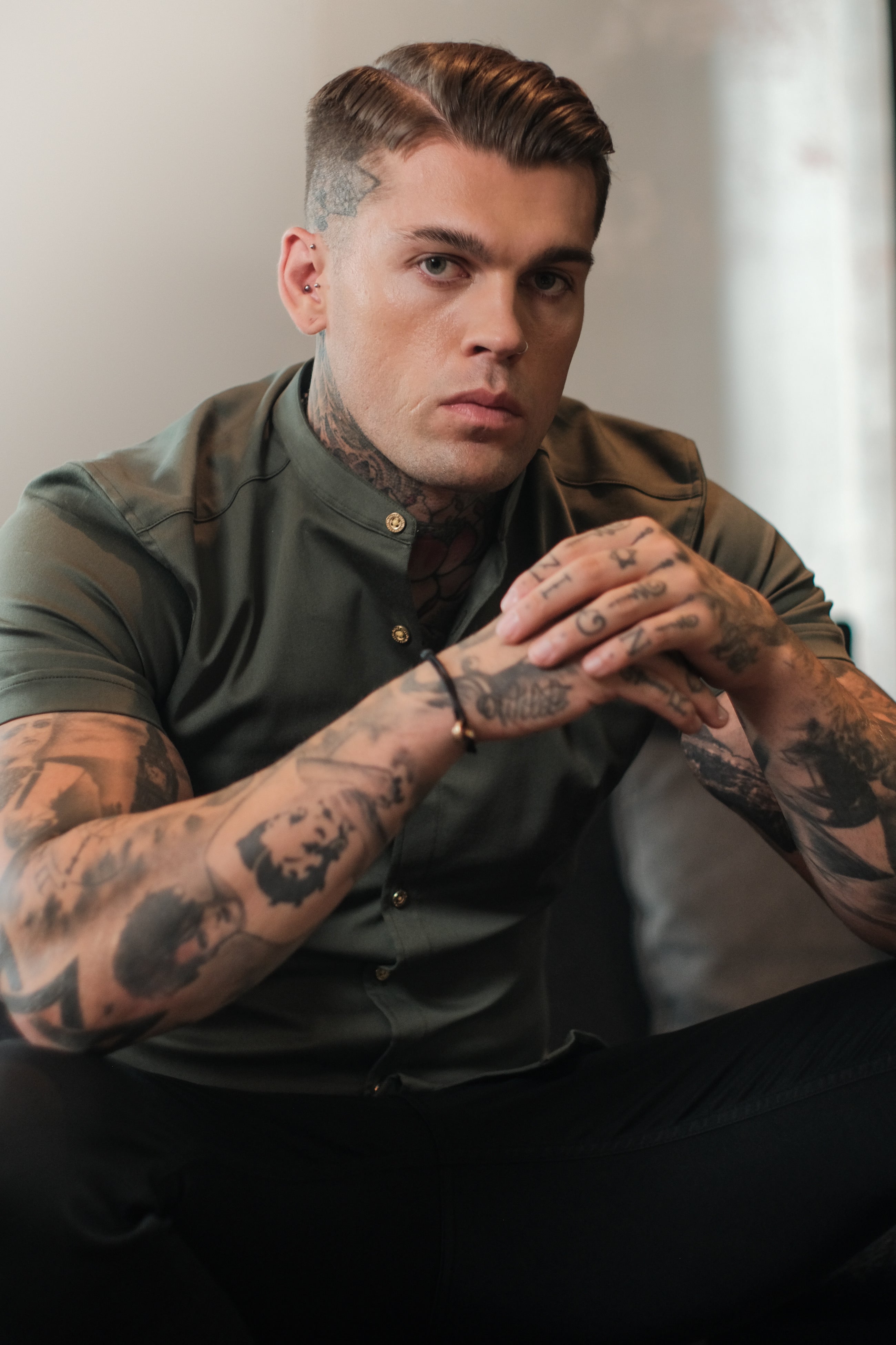 Super Slim Stretch Khaki Denim Short Sleeve Grandad collar with Metal Buttons and Decal Emblem - FS716