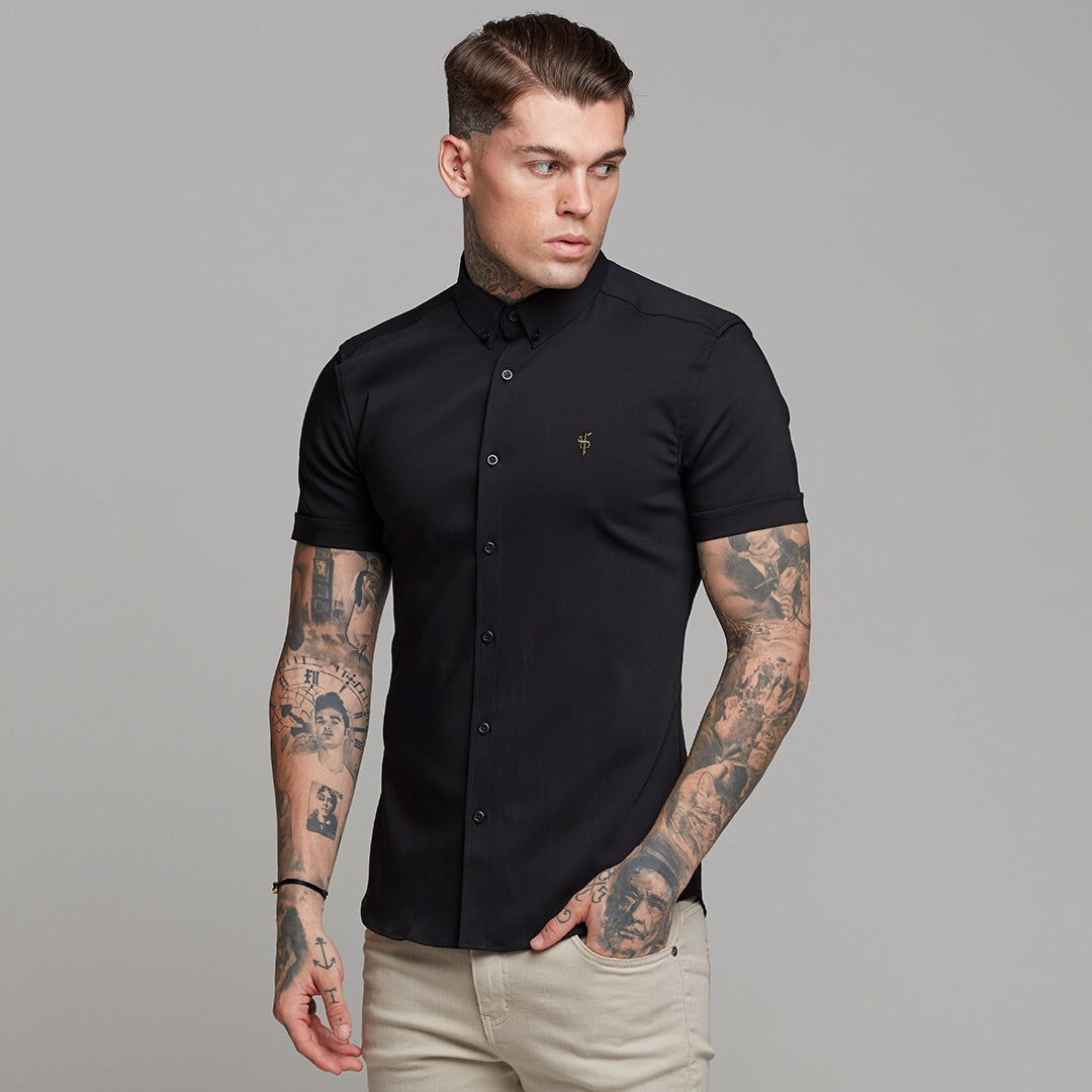Super Slim Ultra Stretch Classic Black Short Sleeve (Khaki Embroidery) - FS481