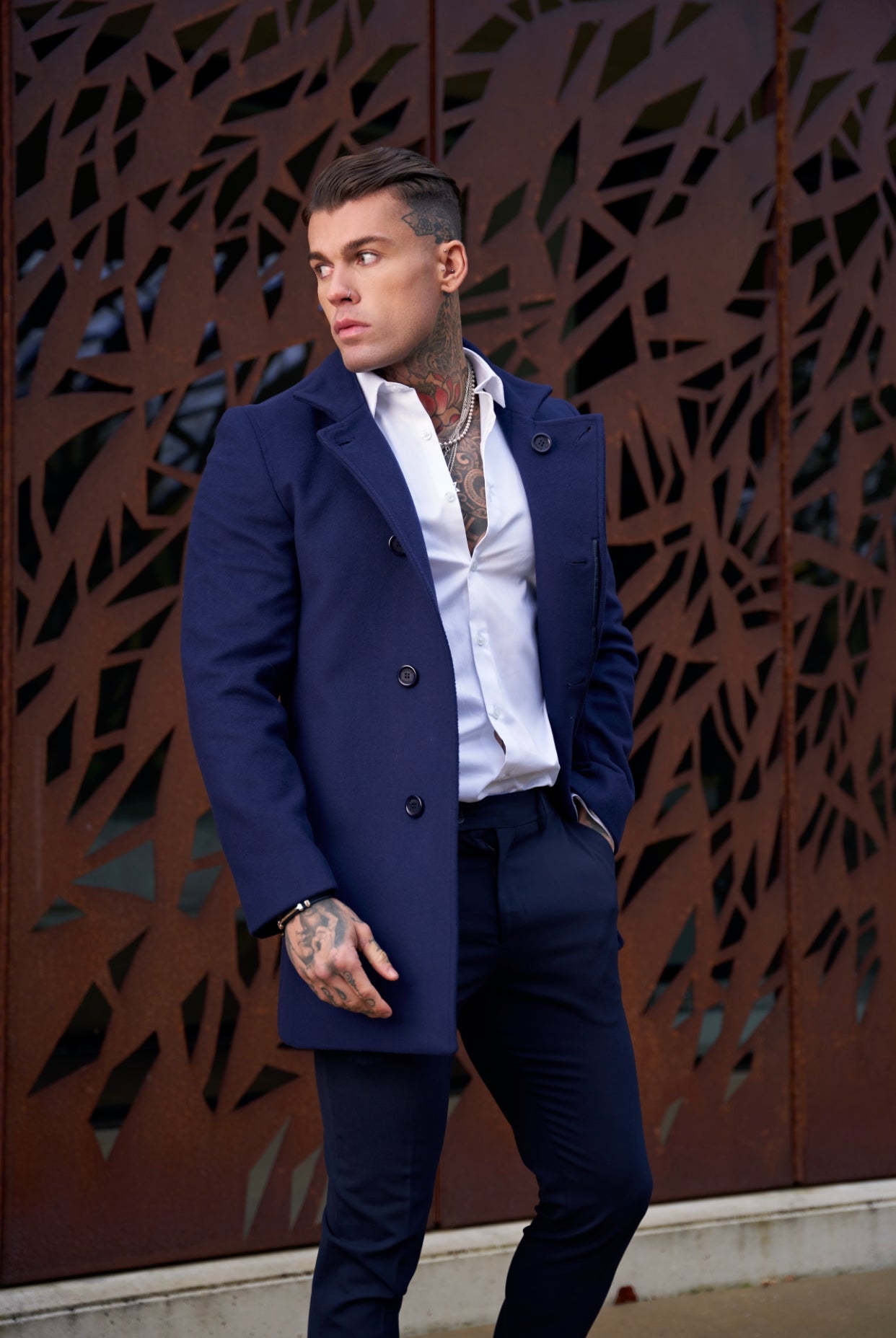 Slim Cashmere Funnel Neck Coat Navy - FSCOAT003