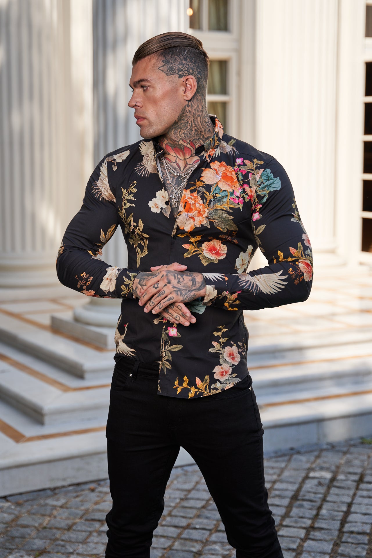 Super Slim Stretch Black Crane Print Long Sleeve with Button Down Collar - FS772