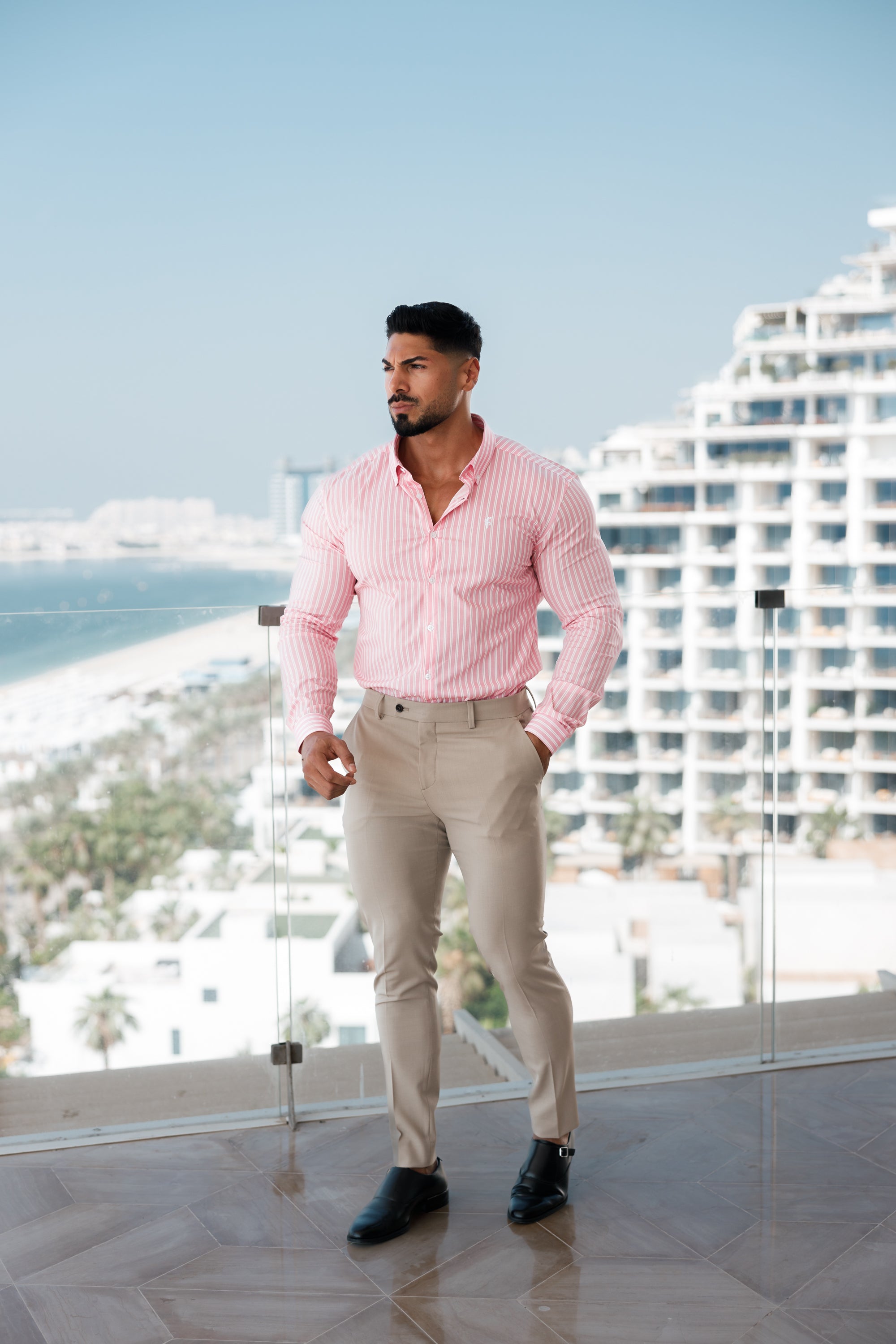 Super Slim Stretch White / Pink Stripe Print Long Sleeve with Button Down Collar - FS888