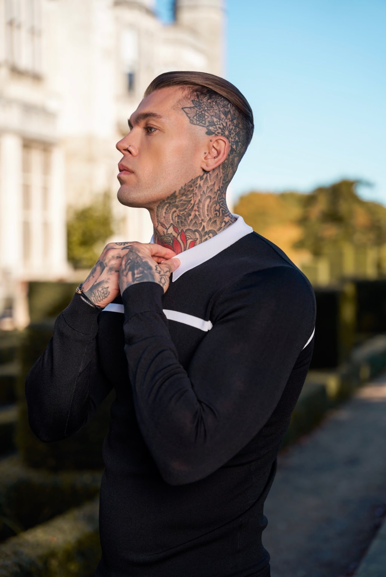 Classic Black / White Horizontal Stripe Zipped Polo Long Sleeve - FSN047