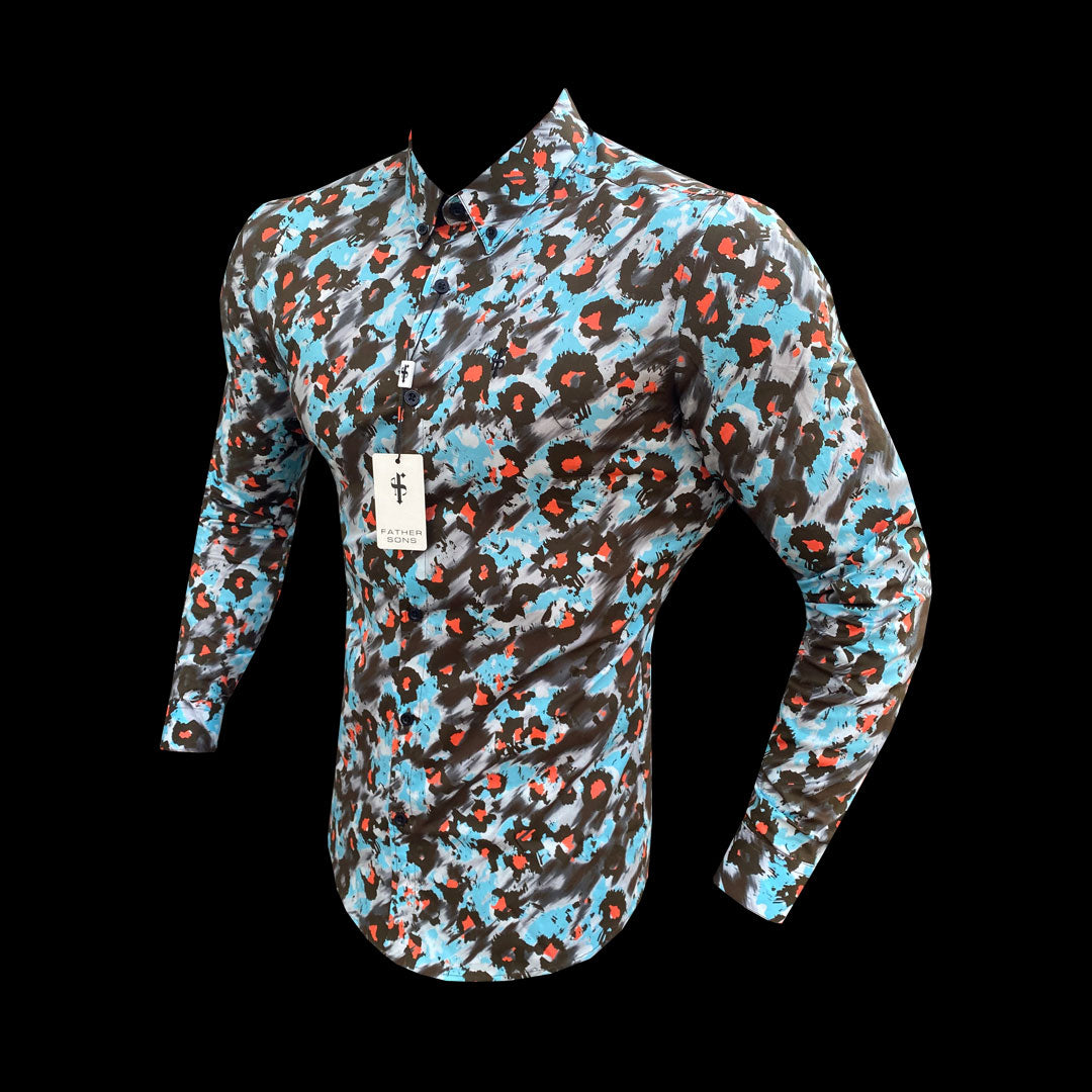 Super Slim Stretch Multi Colour Abstract Leopard Print Long Sleeve with Button Down Collar - FS796