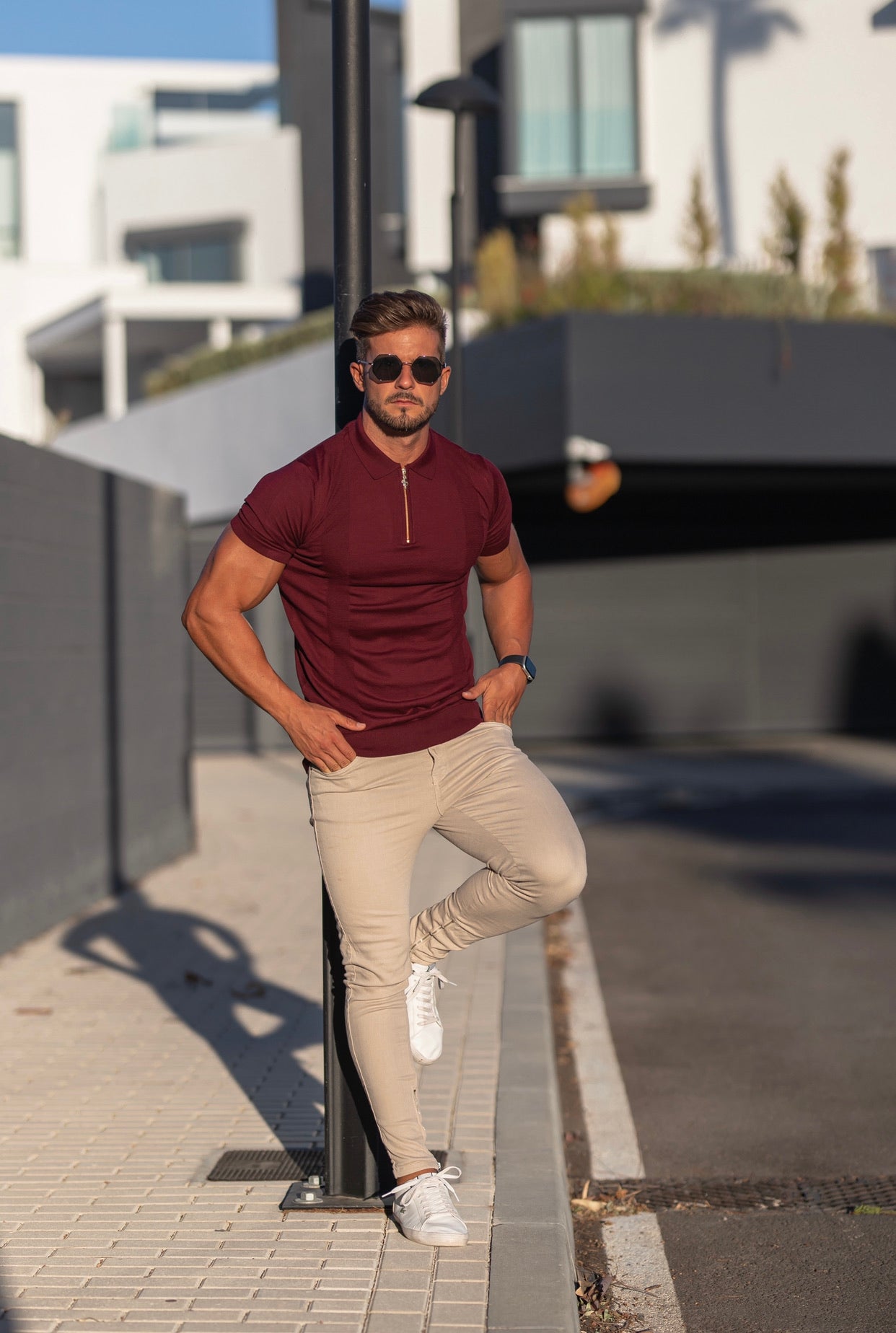 Classic Fig Burgundy and Gold Zip Knitted Short Sleeve Polo - FSH466