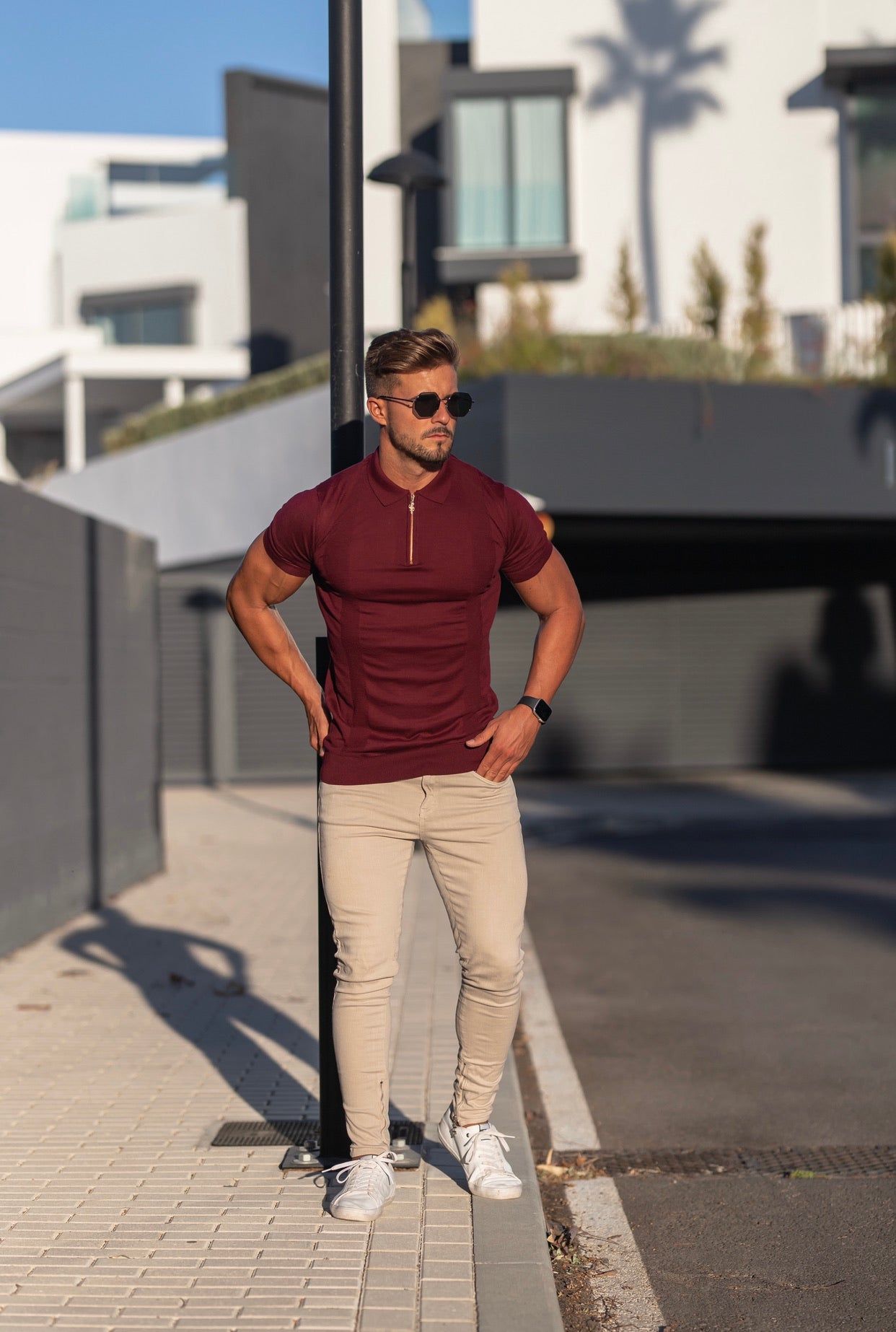 Classic Fig Burgundy and Gold Zip Knitted Short Sleeve Polo - FSH466
