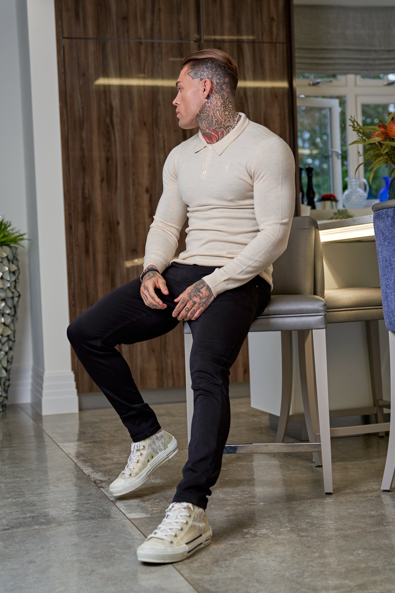 Classic Beige Merino Wool Knitted Polo Jumper Long Sleeve With FS Embroidery- FSN016