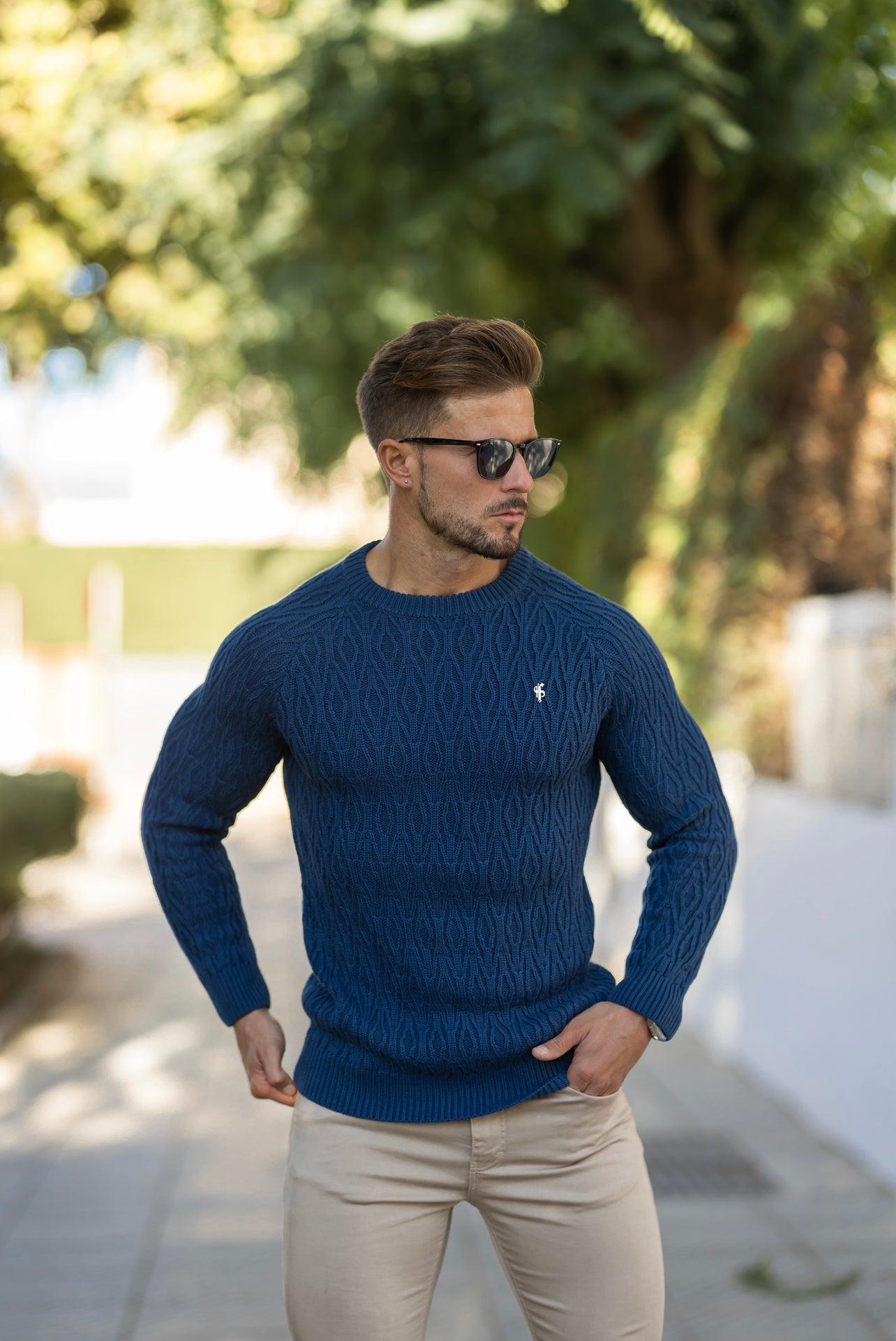 Air Force Blue Knitted Elongated Diamond Crew Super Slim Raglan Jumper With Metal Decal - FSN046