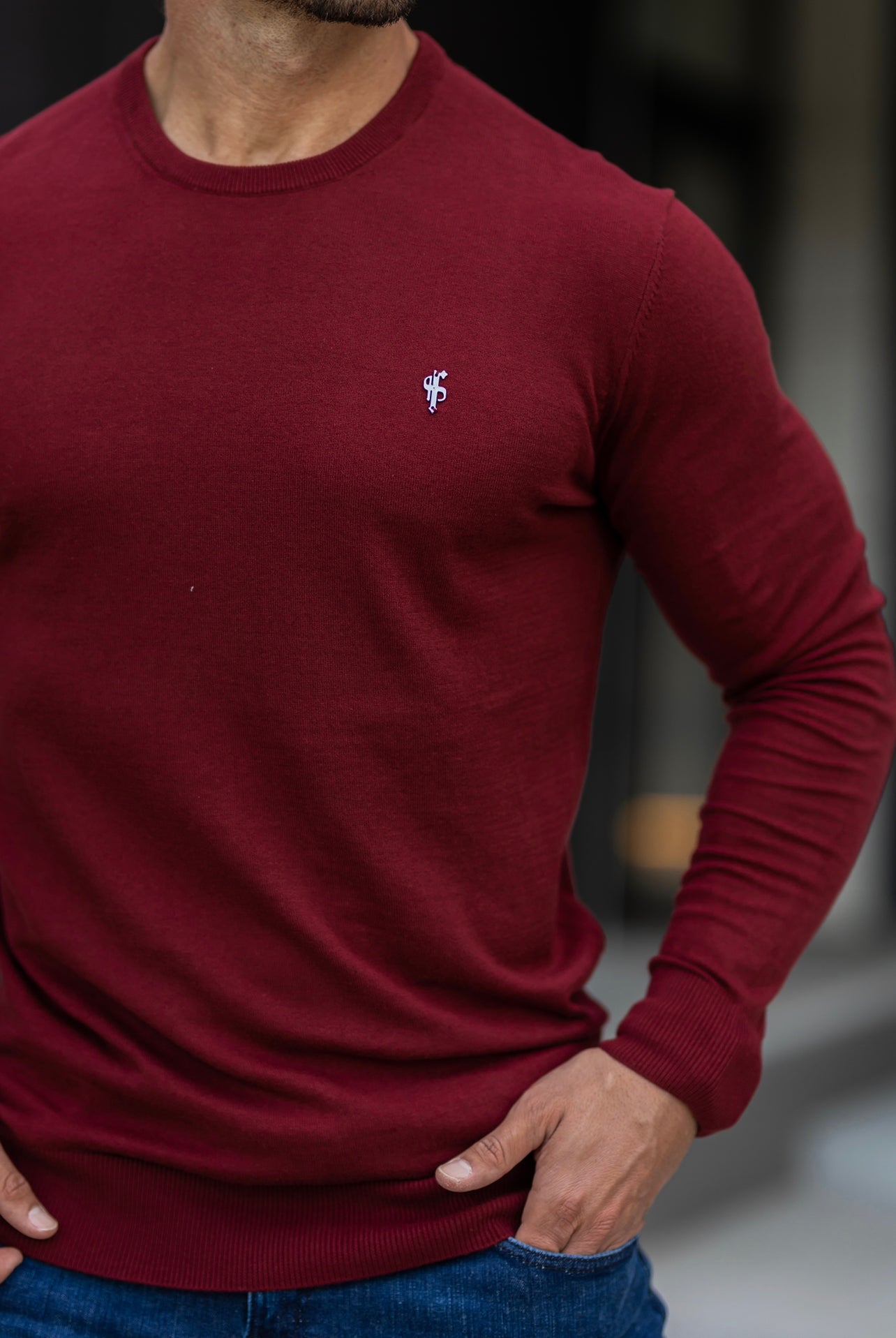 Classic Burgundy Light Weight Knitted Crew Neck with Metal Decal - FSN097