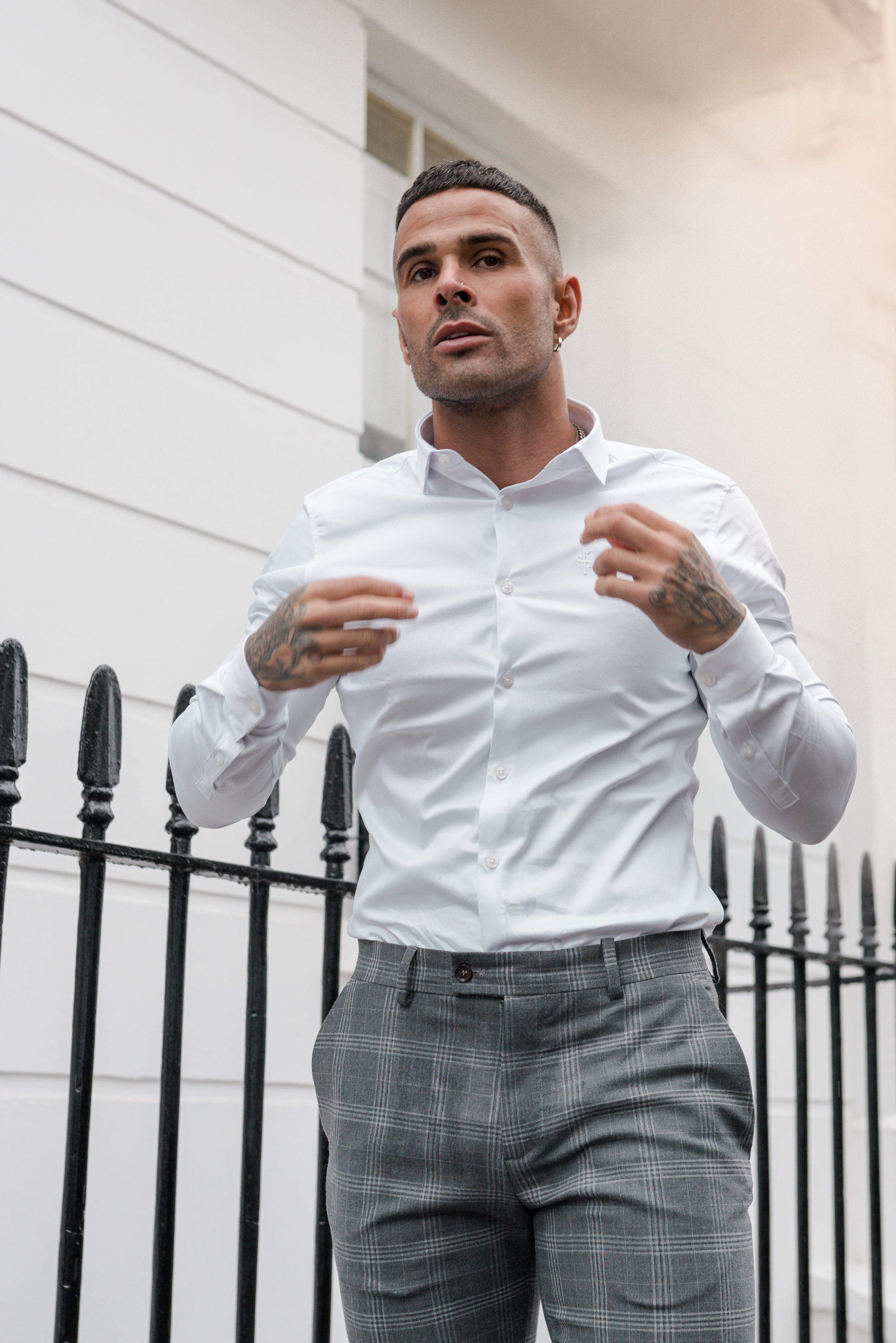 Slim Formal Large Silver Grey Check Stretch Trousers - FST005