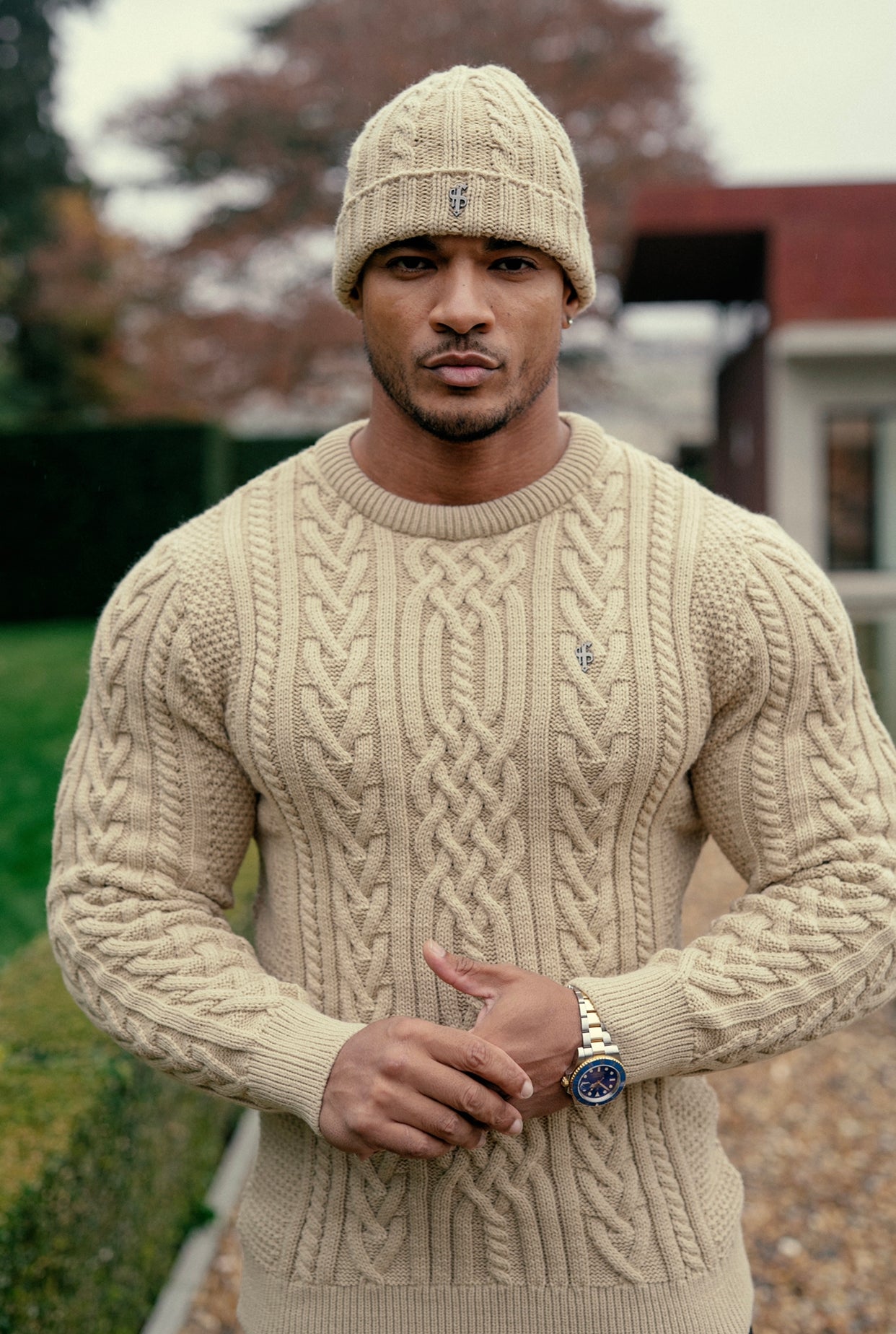 Oatmeal Twisted Braid Weave Super Slim Jumper With Gunmetal Decal - FSJ044