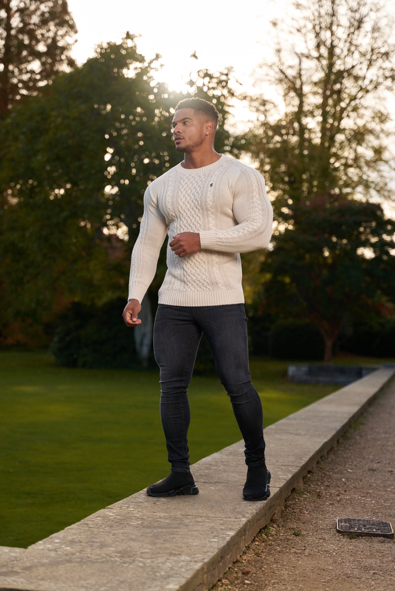 Oatmeal Knitted Cable Saddle Crew Super Slim Jumper With Metal Decal - FSN076