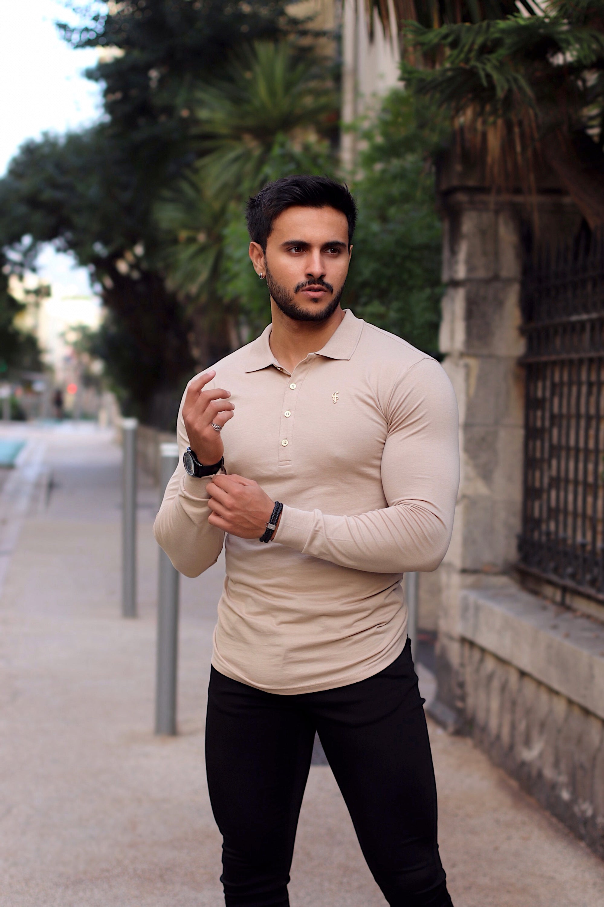 Classic Beige Long Polo Shirt with Gold Metal Emblem Decal & Buttons - FSH518