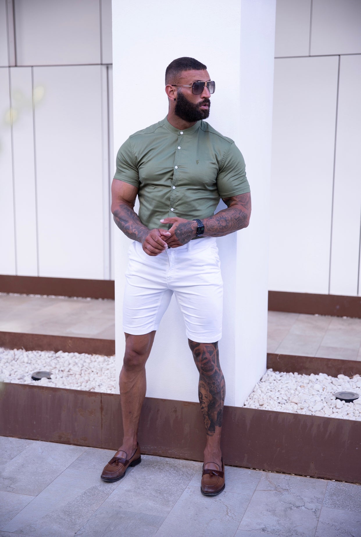 Super Slim Luxe Ultra Stretch Khaki Short Sleeve with Grandad Collar - FS781
