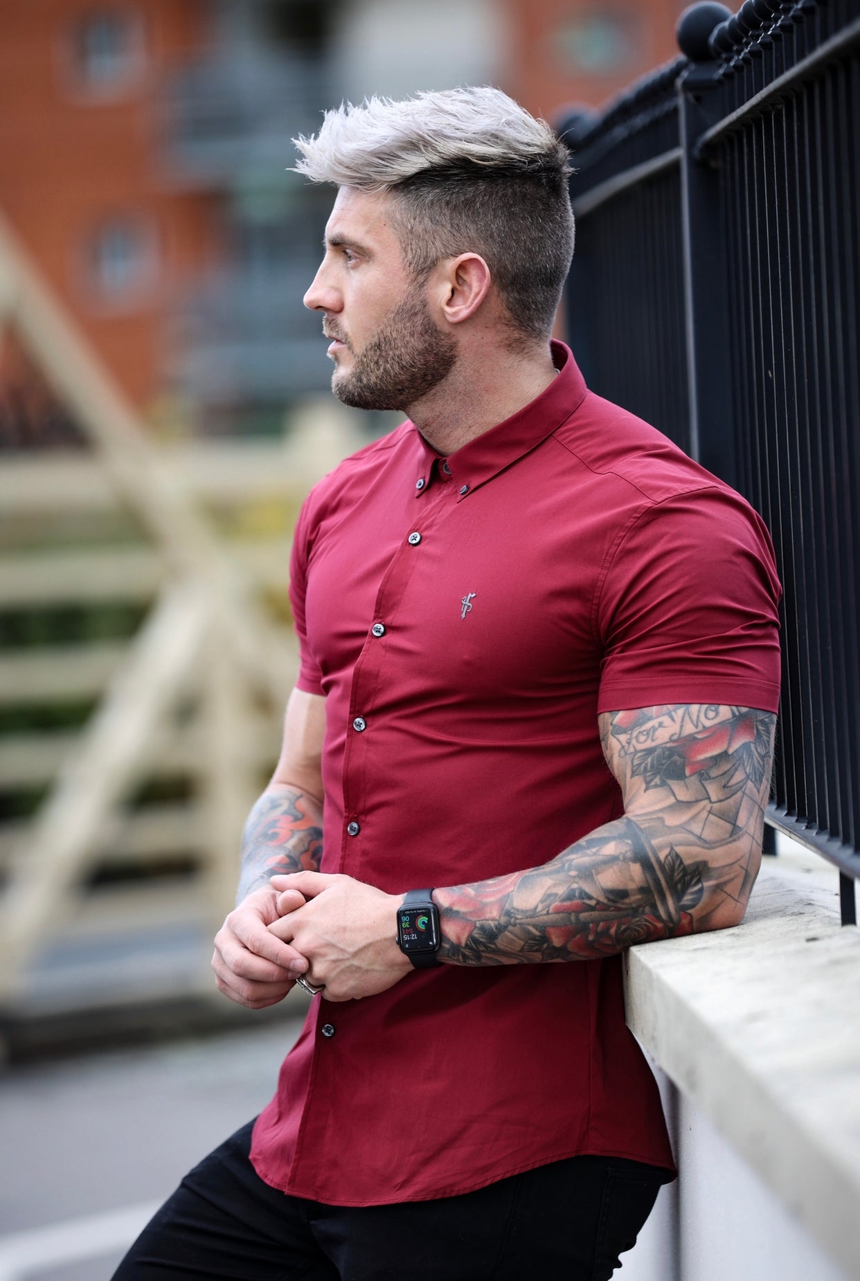 Super Slim Stretch Classic Ox Blood Short Sleeve With Button Down Collar - FS820