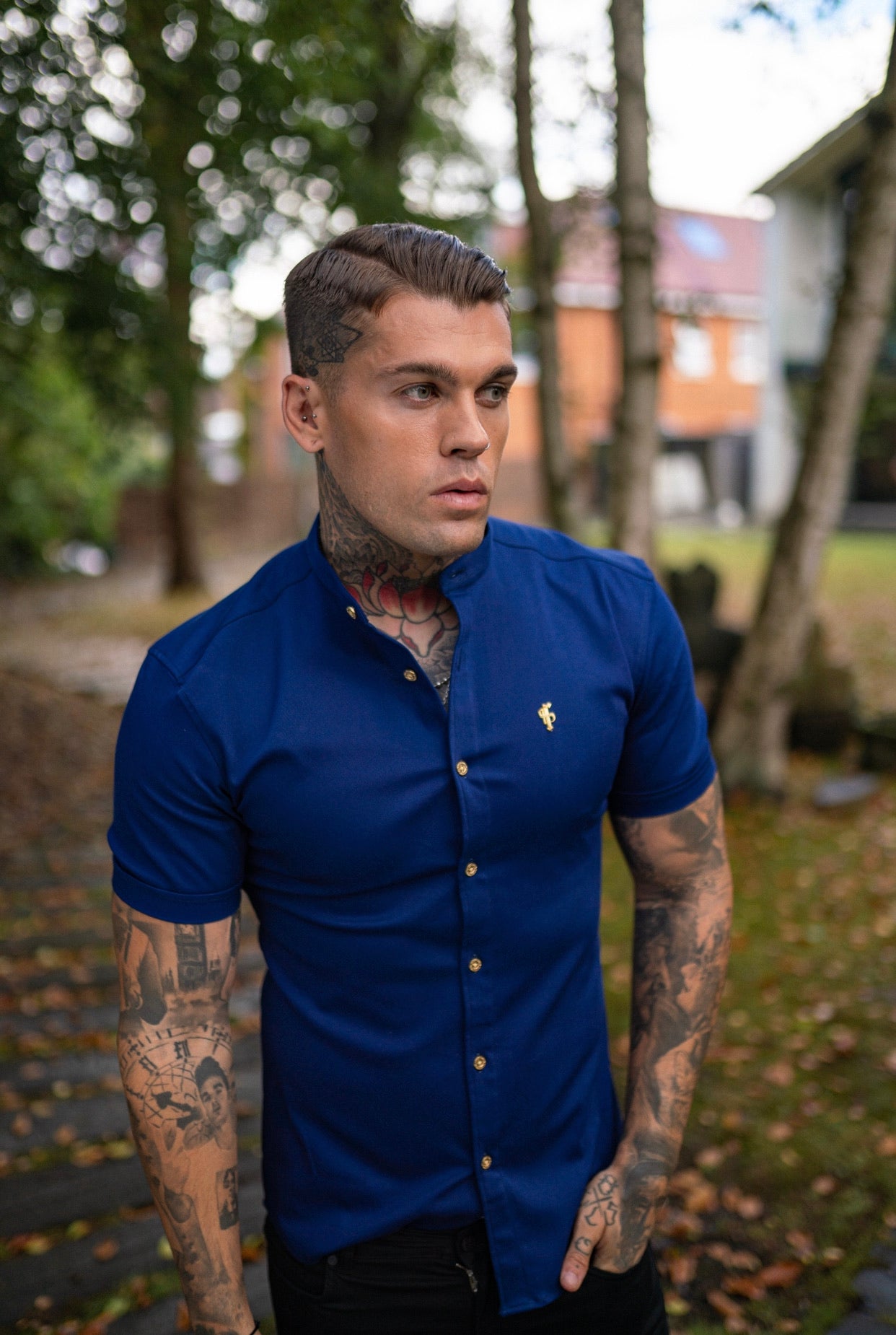 Super Slim Stretch Navy Denim Short Sleeve Grandad collar with Metal Buttons and Decal Emblem - FS714