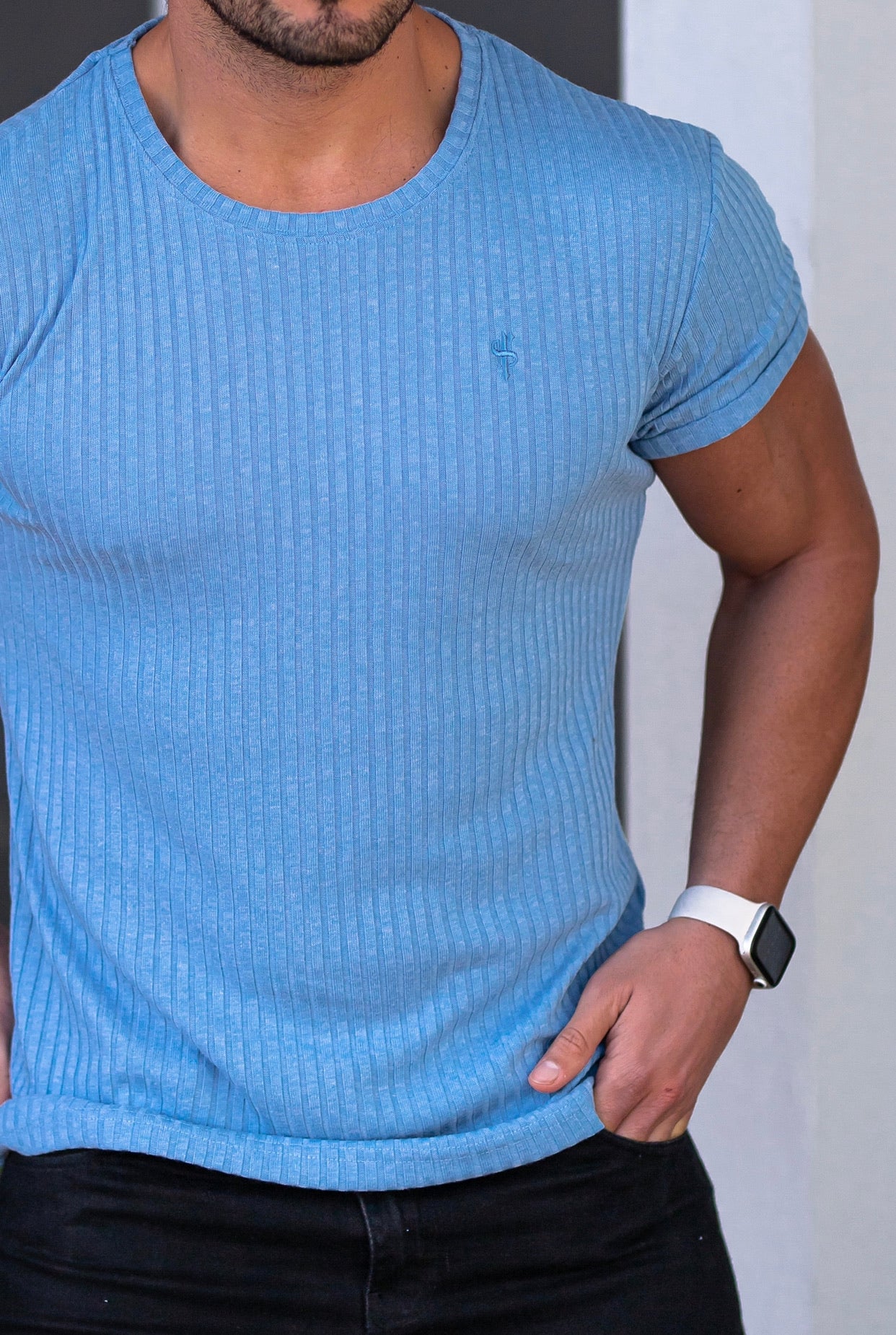 Classic Baby Blue Ribbed Knit Super Slim Short Sleeve Crew - FSH593