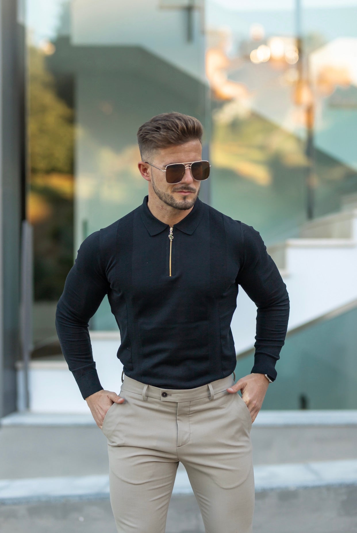 Classic Black and Gold Zip Knitted Long Sleeve Polo Shirt - FSH564
