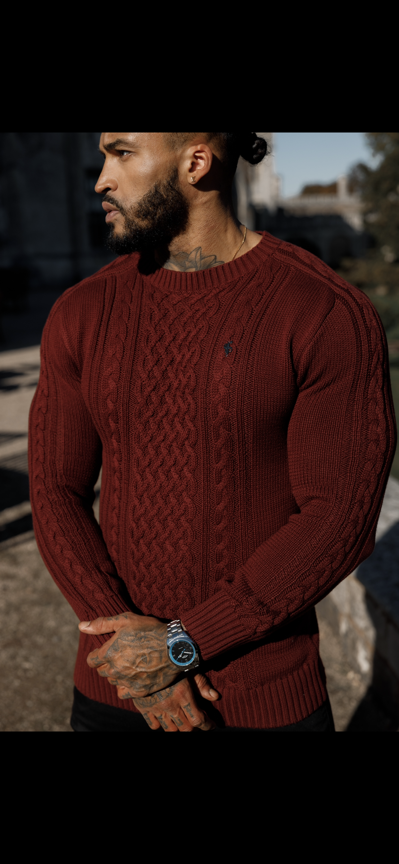 Burgundy Knitted Cable Saddle Crew Super Slim Jumper With Metal Decal - FSN079