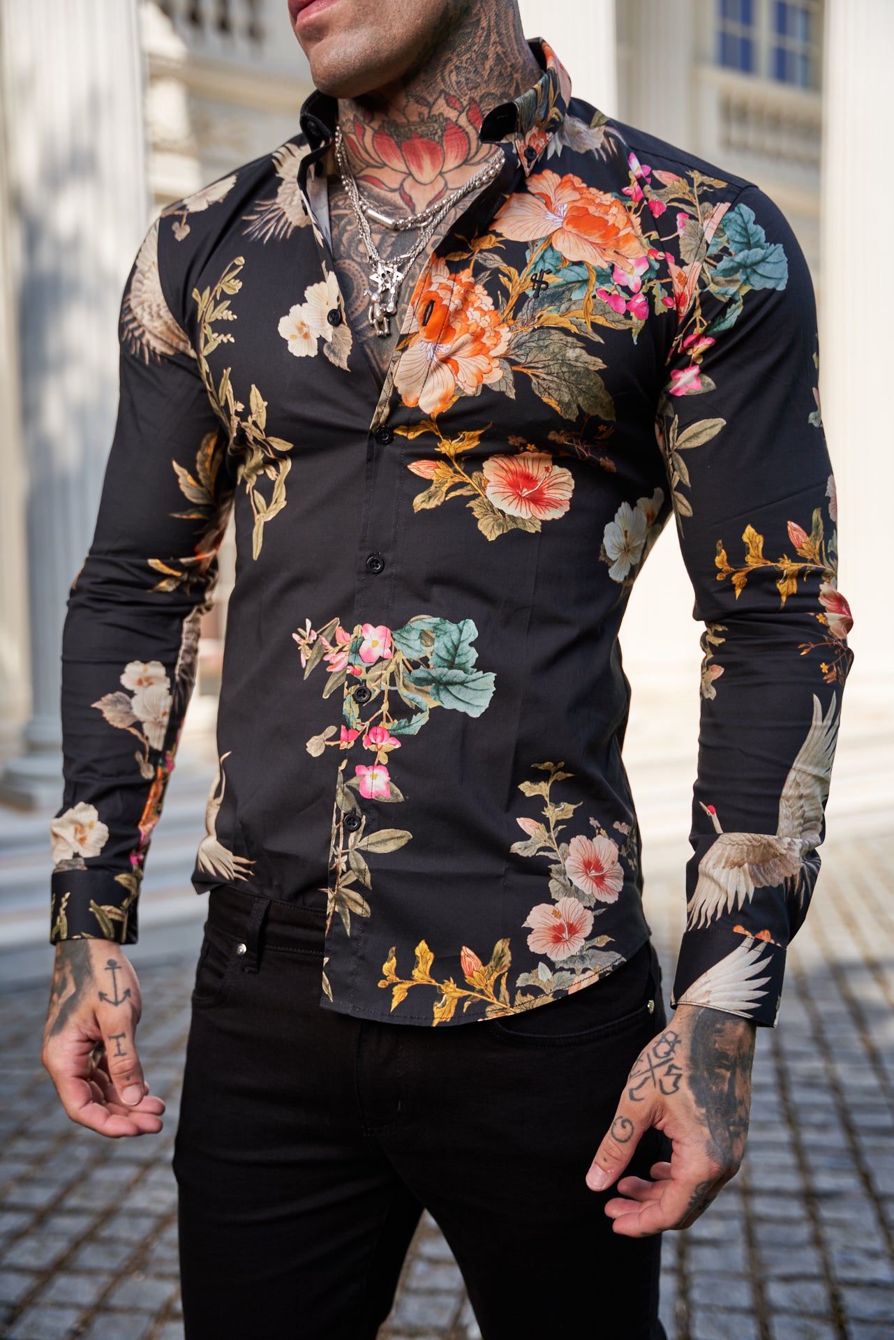 Super Slim Stretch Black Crane Print Long Sleeve with Button Down Collar - FS772