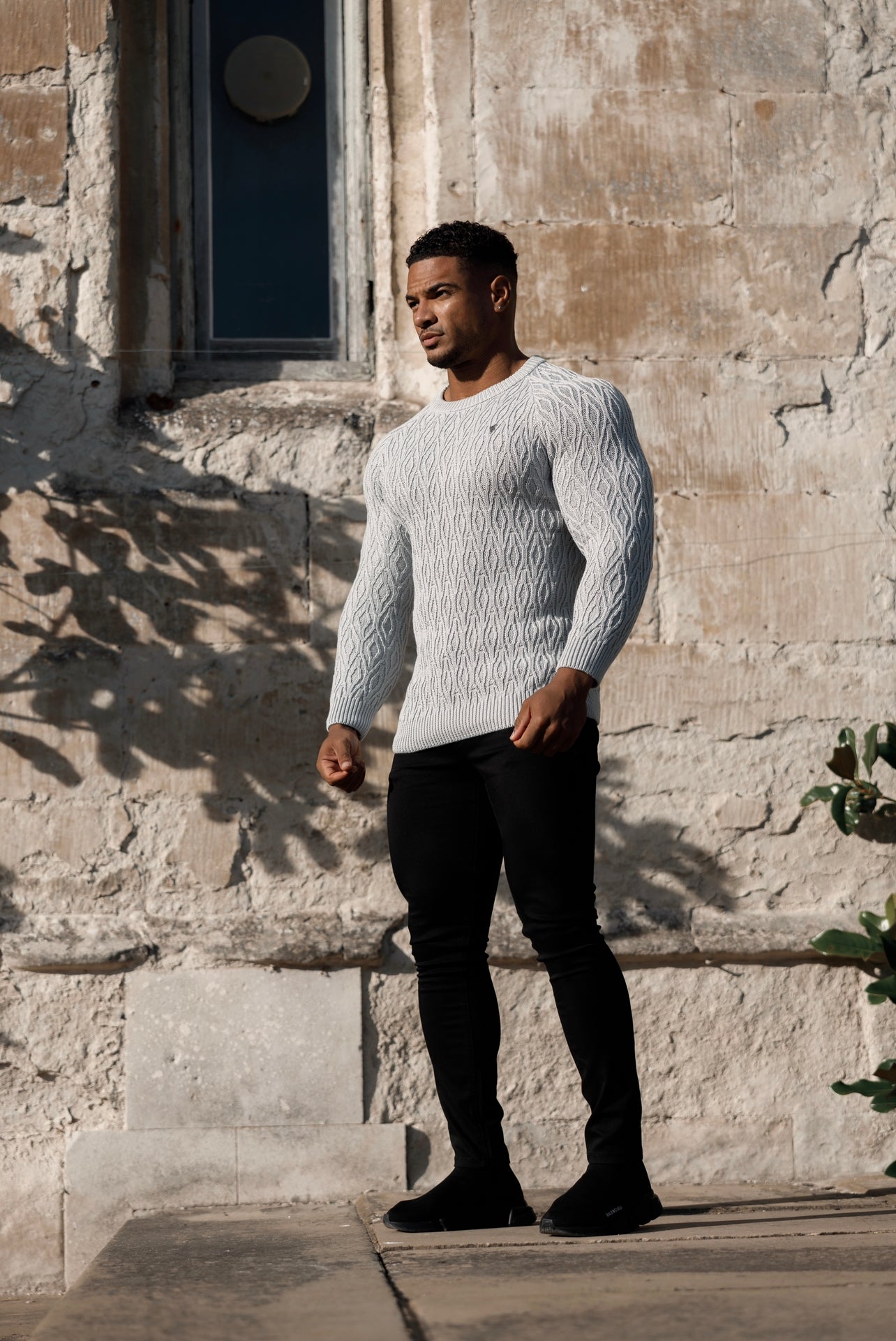 Silver Grey Knitted Elongated Diamond Crew Super Slim Raglan Jumper With Metal Decal - FSN053