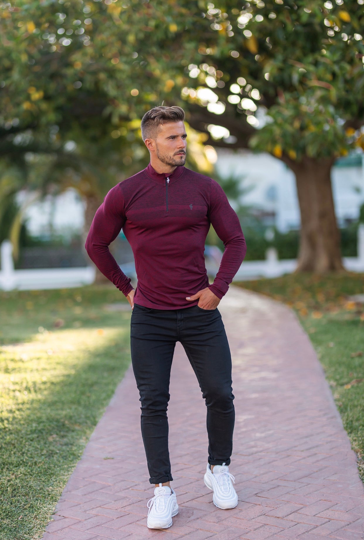 Long sleeve Burgundy / Black half zip gym top - FSM030