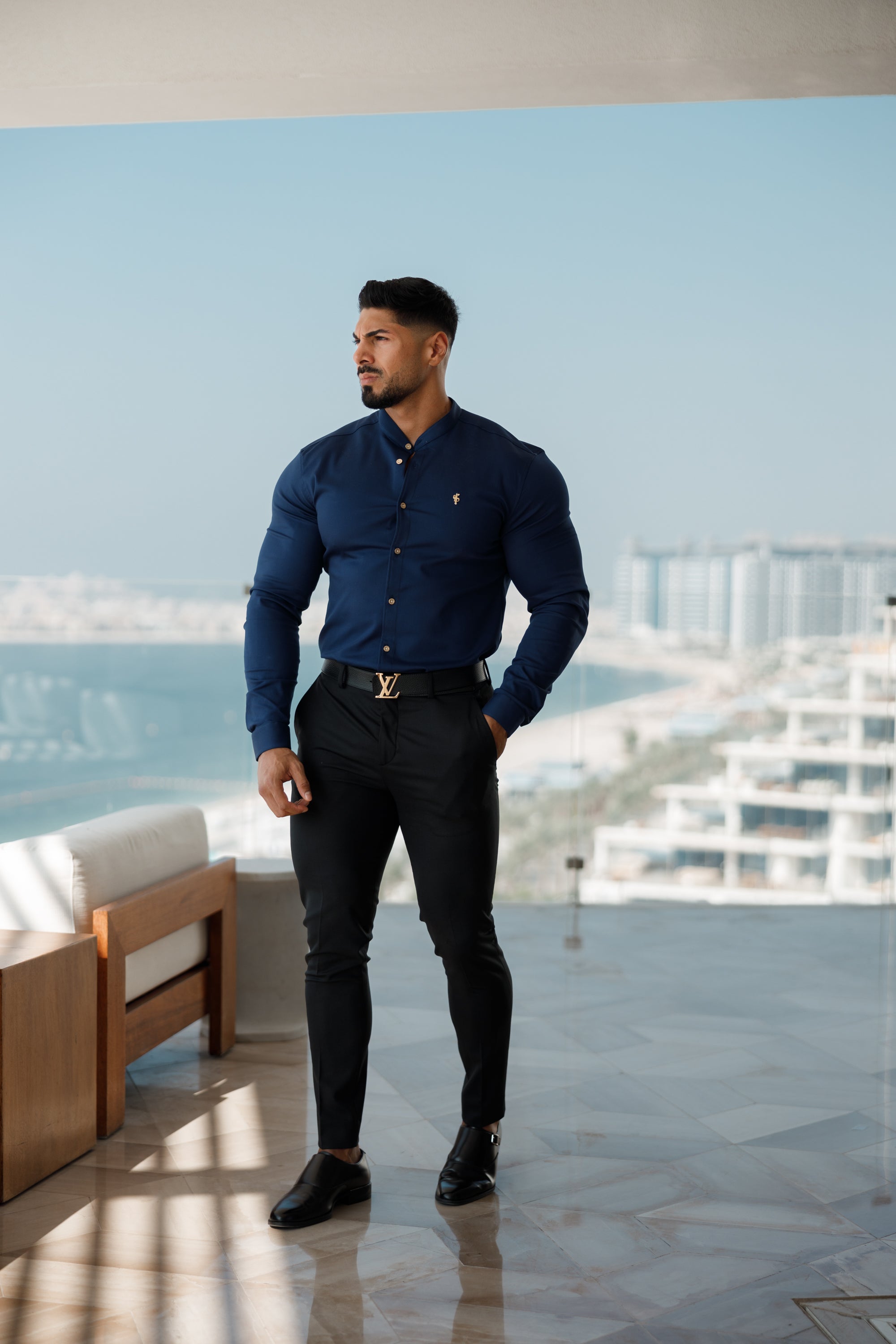 Super Slim Stretch Navy Denim Long Sleeve Grandad collar with Metal Buttons and Decal Emblem - FS713