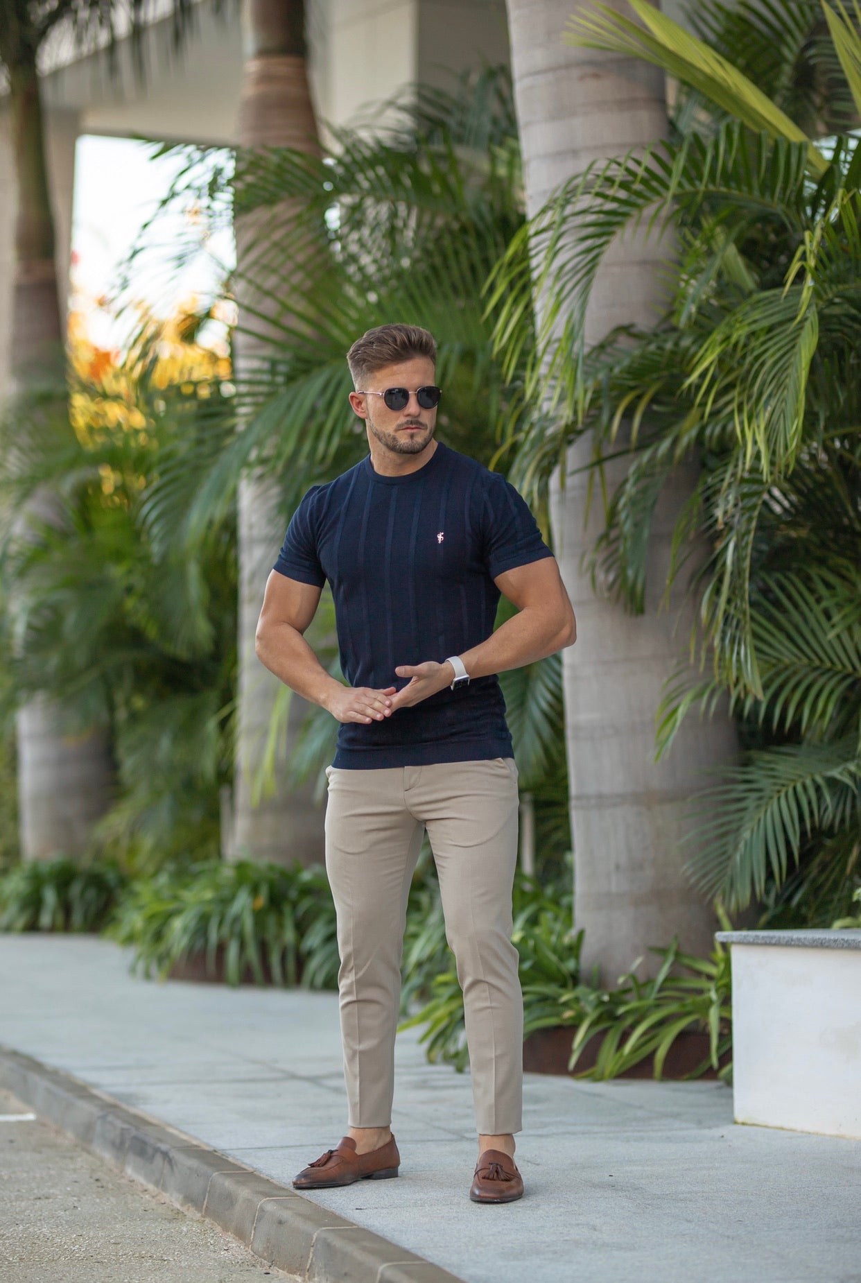 Classic Short Sleeve Navy Knitted Wide Rib Crew with Gold Emblem - FSH562